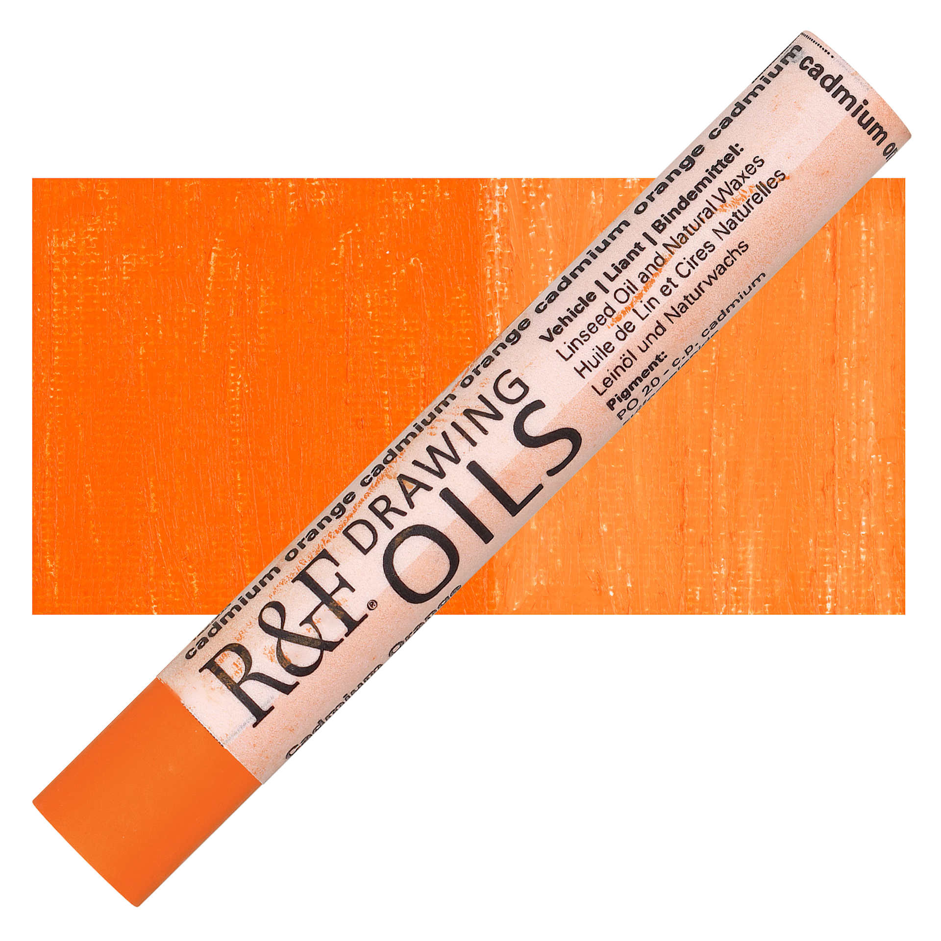 R&F Drawing Oil Stick - Cadmium Orange, 12 ml stick and swatch