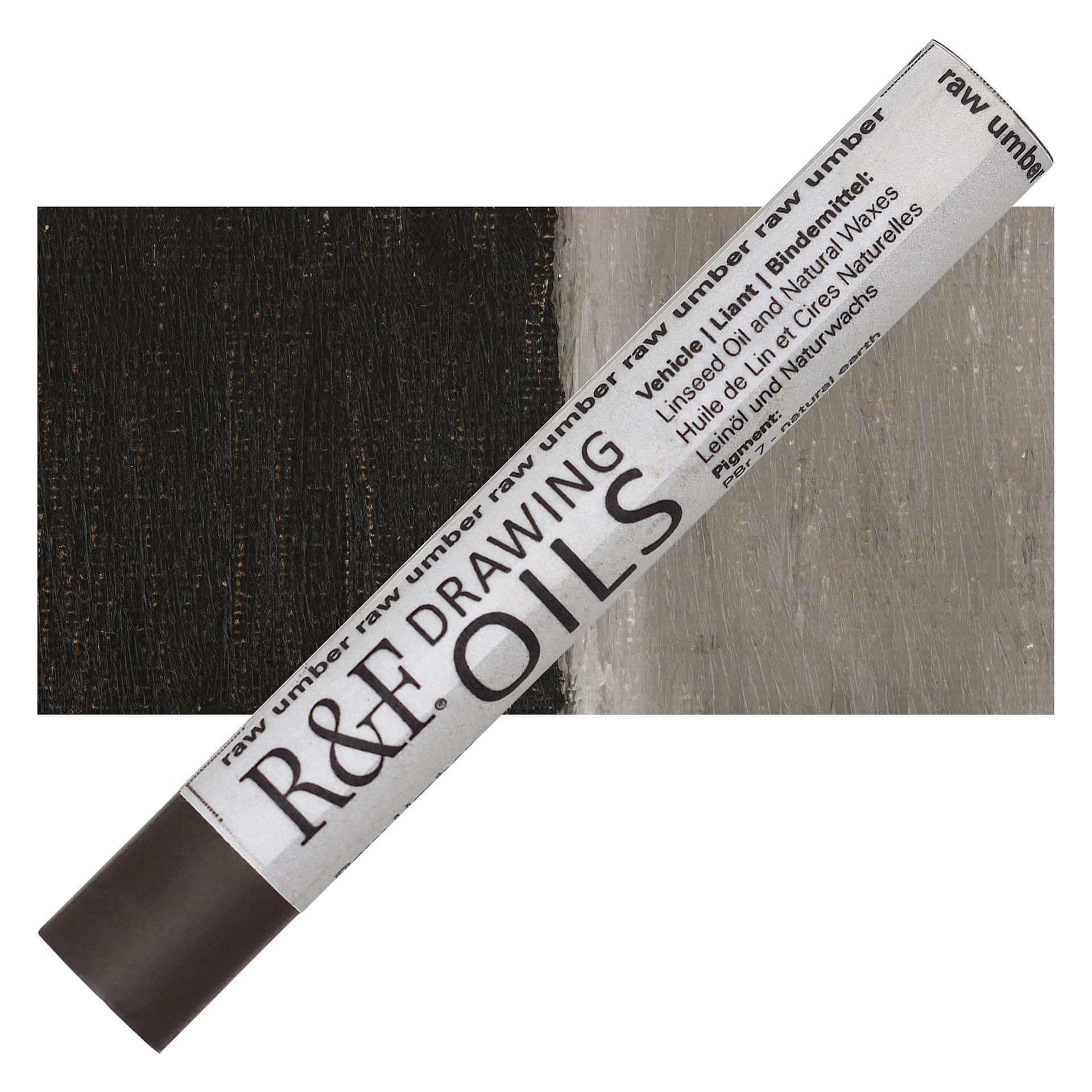 R&F Drawing Oil Stick - Raw Umber, 12 ml stick and swatch