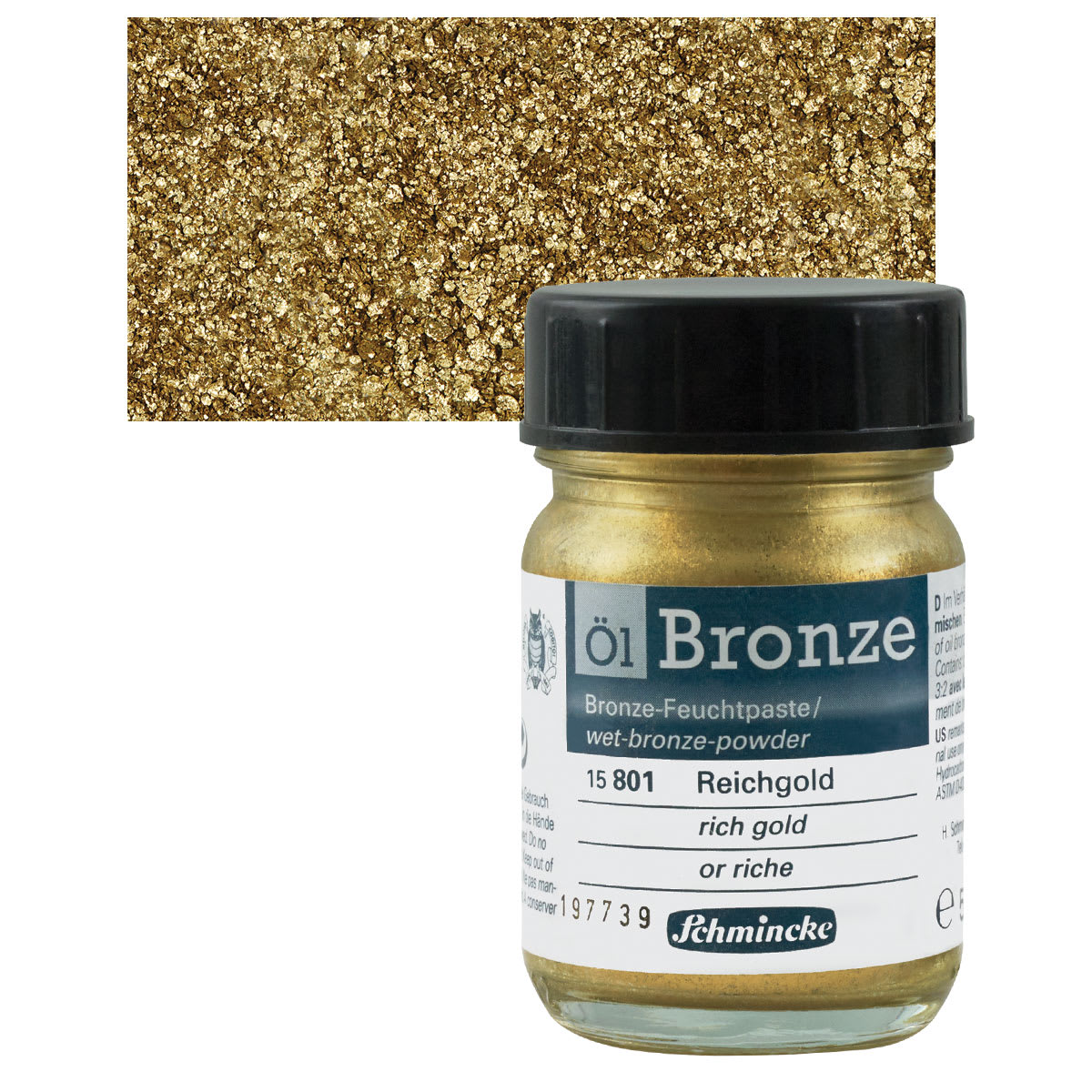 Schmincke Oil Bronze - Rich Gold, 50 ml bottle and swatch