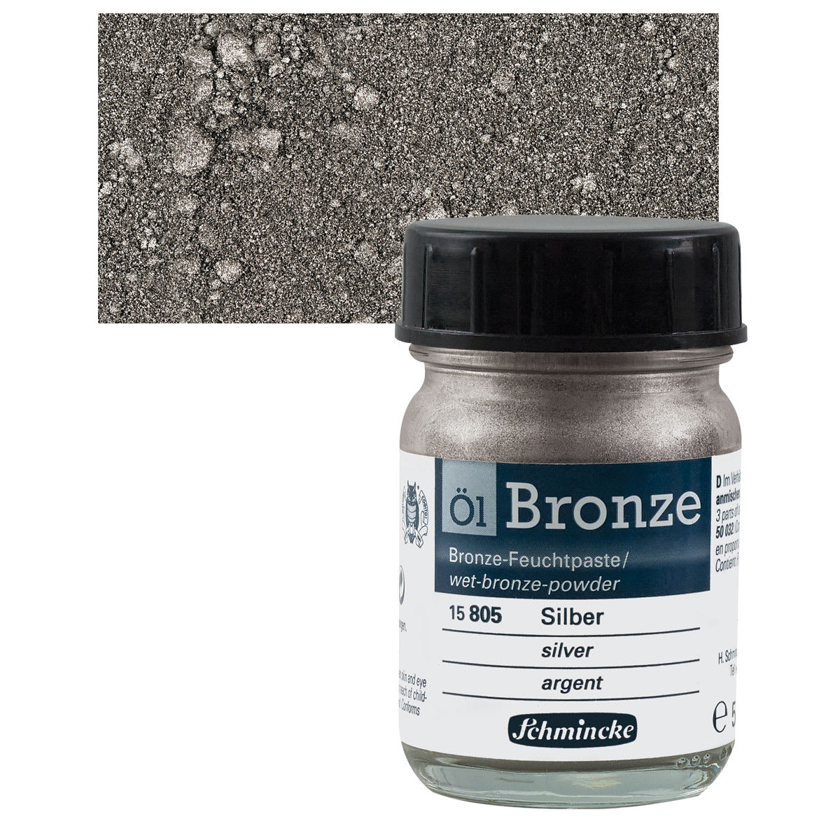 Schmincke Oil Bronze - Silver, 50 ml bottle and swatch