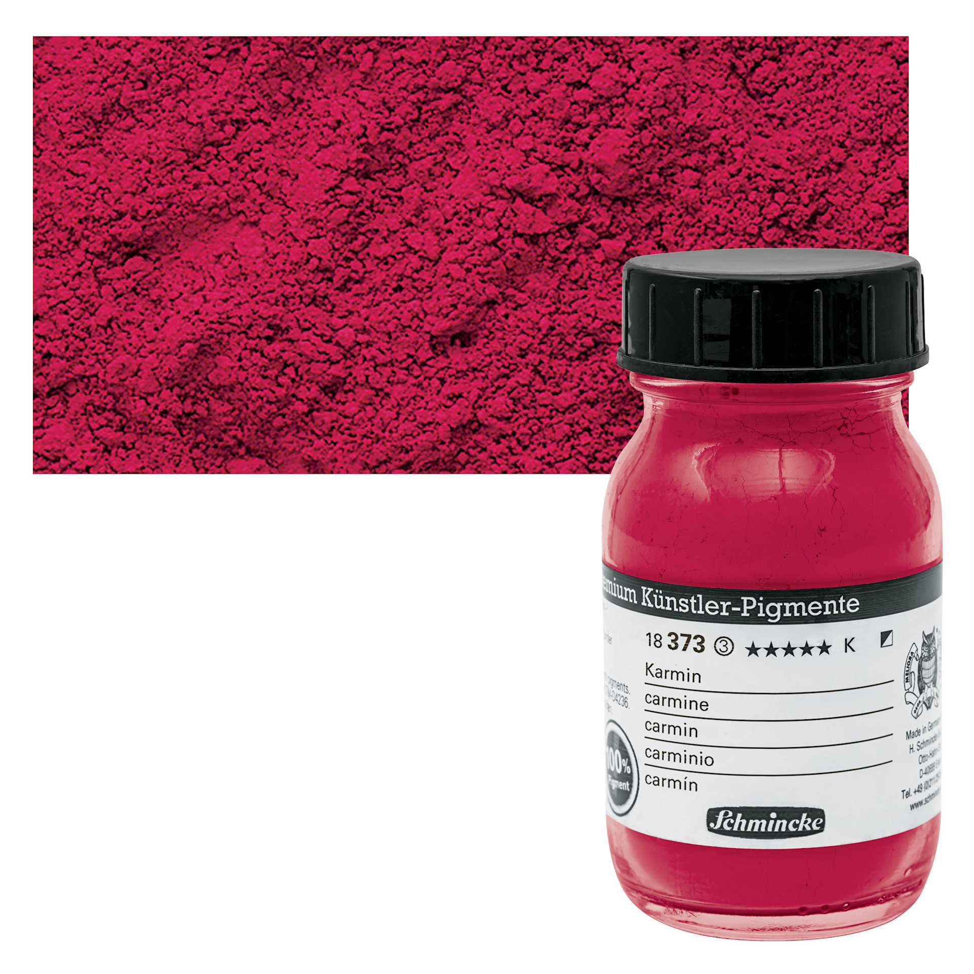 Schmincke Pigment - Carmine, 100 ml Jar and swatch