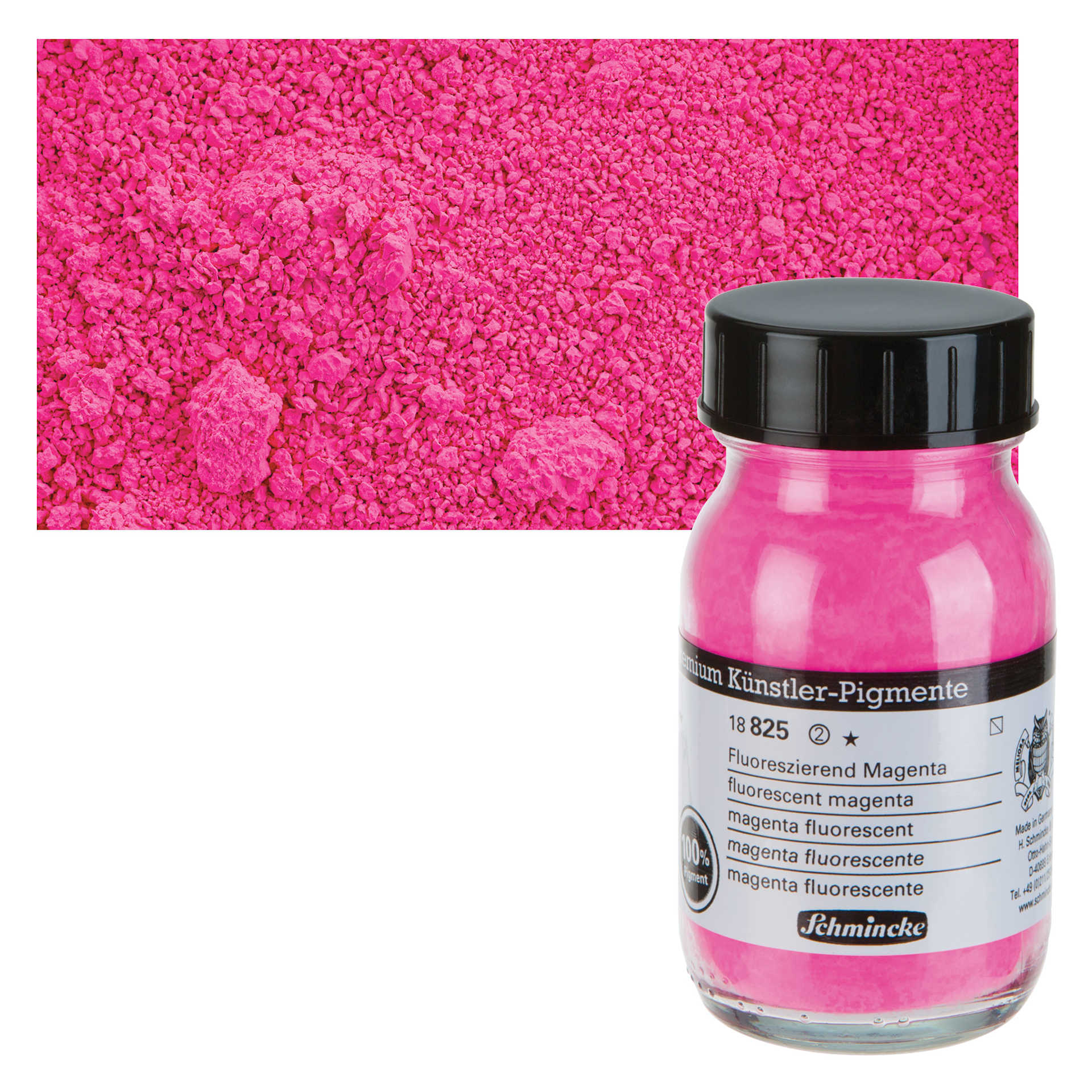 Schmincke Pigment - Fluorescent Magenta, 100 ml Jar and swatch