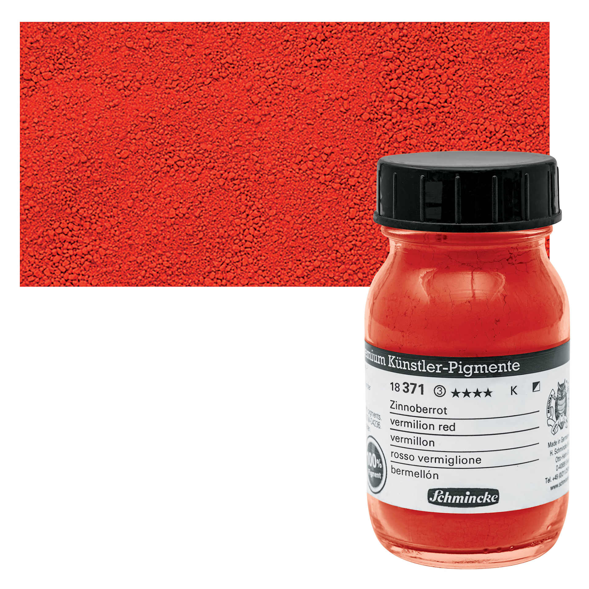 Schmincke Pigment - Vermilion Red, 100 ml Jar and swatch