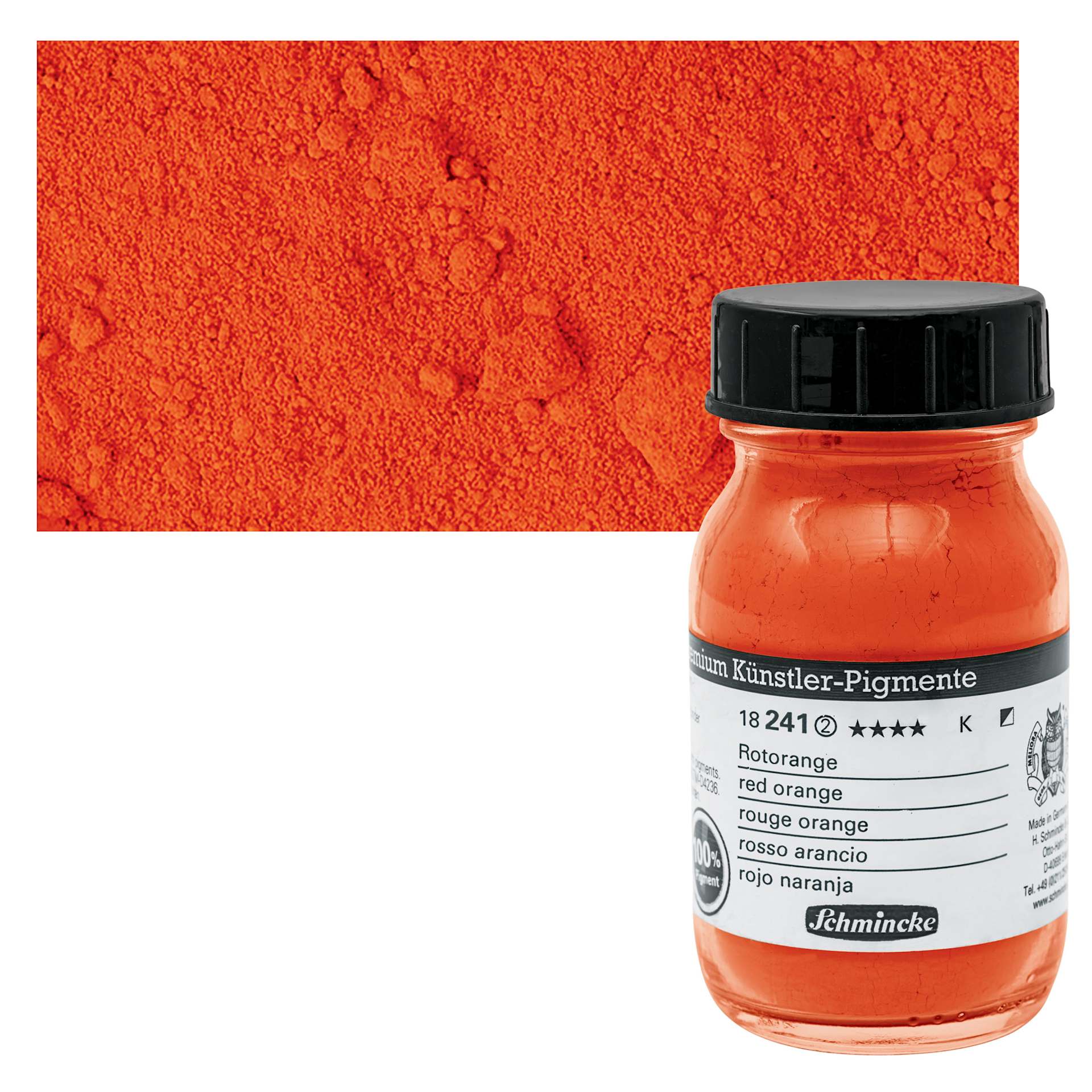 Schmincke Pigment - Red Orange, 100 ml Jar and swatch