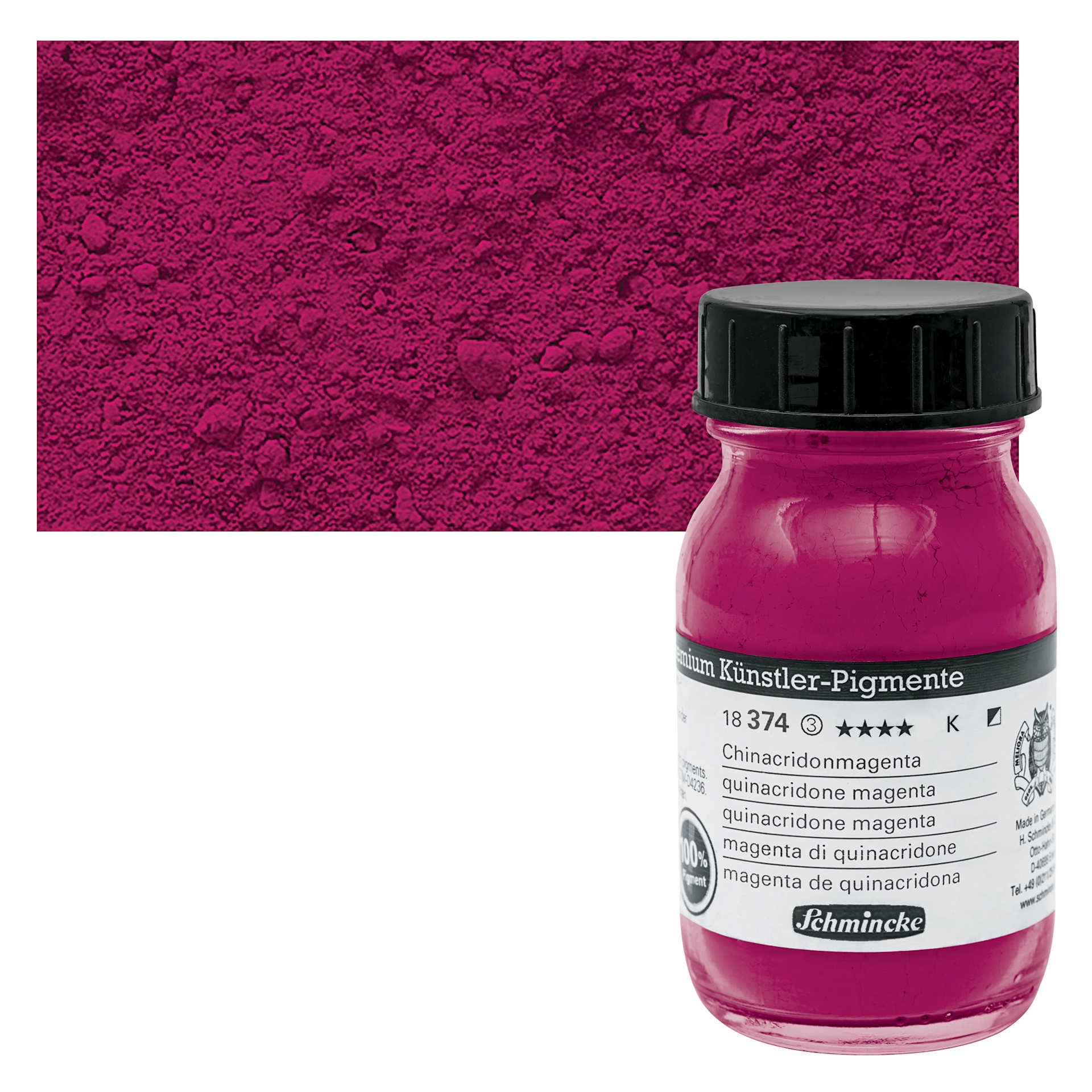Schmincke Pigment - Quinacridone Magenta, 100 ml Jar and swatch