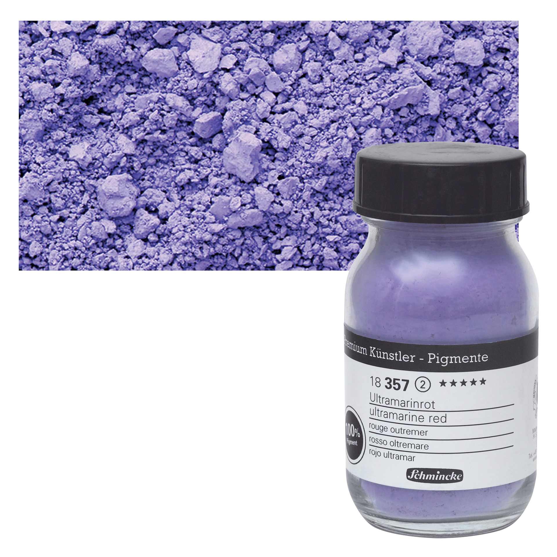 Schmincke Pigment - Ultramarine Red, 100 ml Jar and swatch