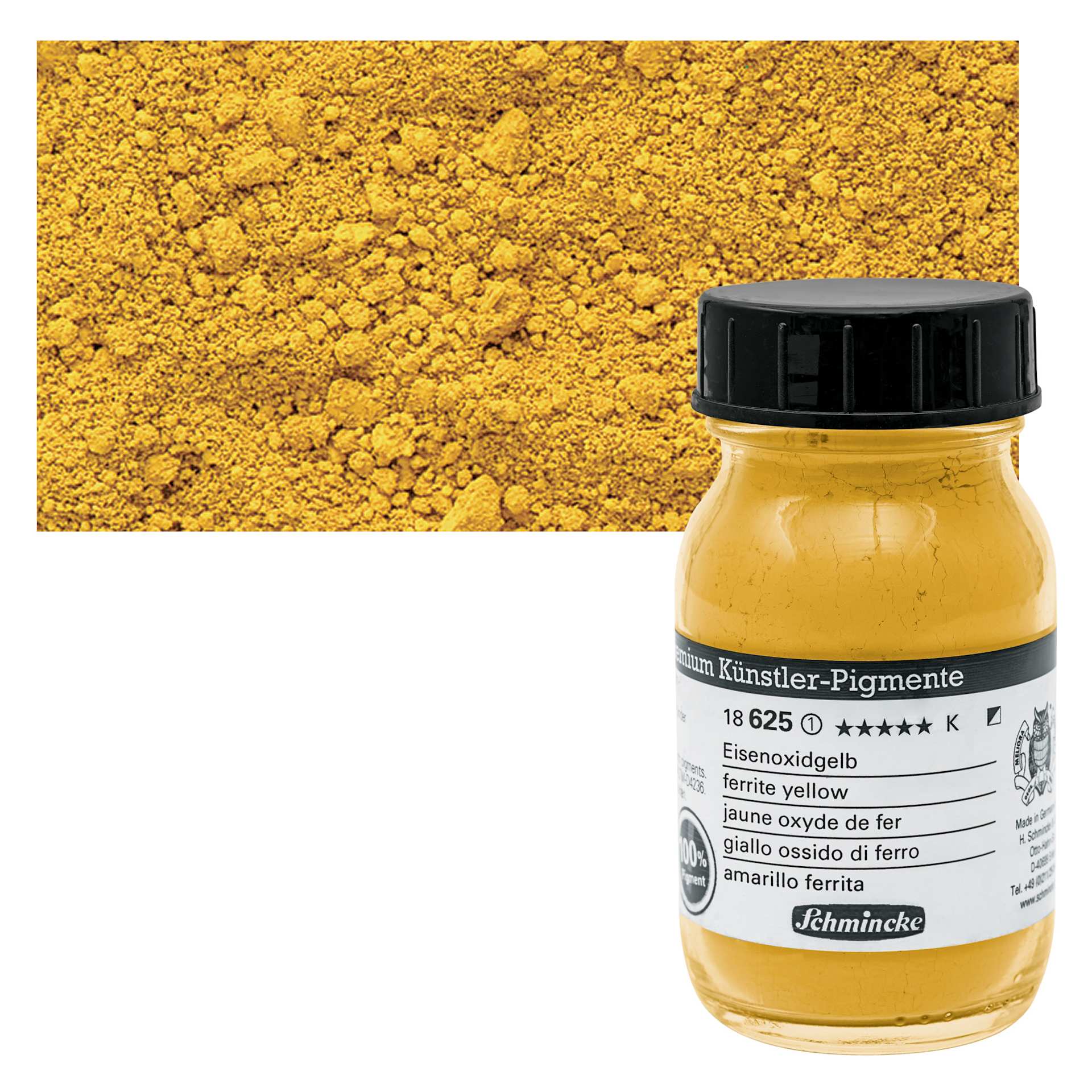 Schmincke Pigment - Ferrite Yellow, 100 ml Jar and swatch