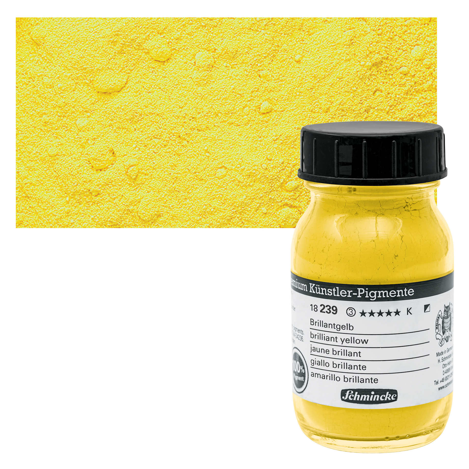 Schmincke Pigment - Brilliant Yellow, 100 ml Jar and swatch