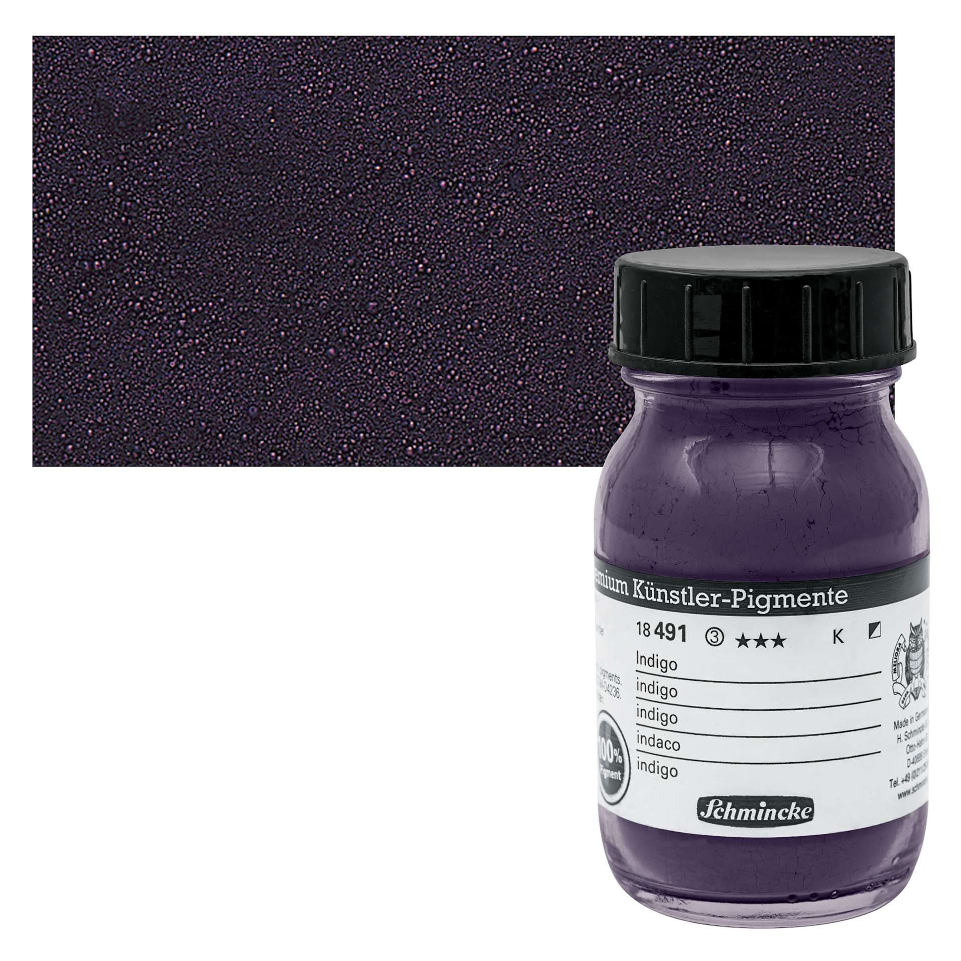 Schmincke Pigment - Indigo, 100 ml jar and swatch