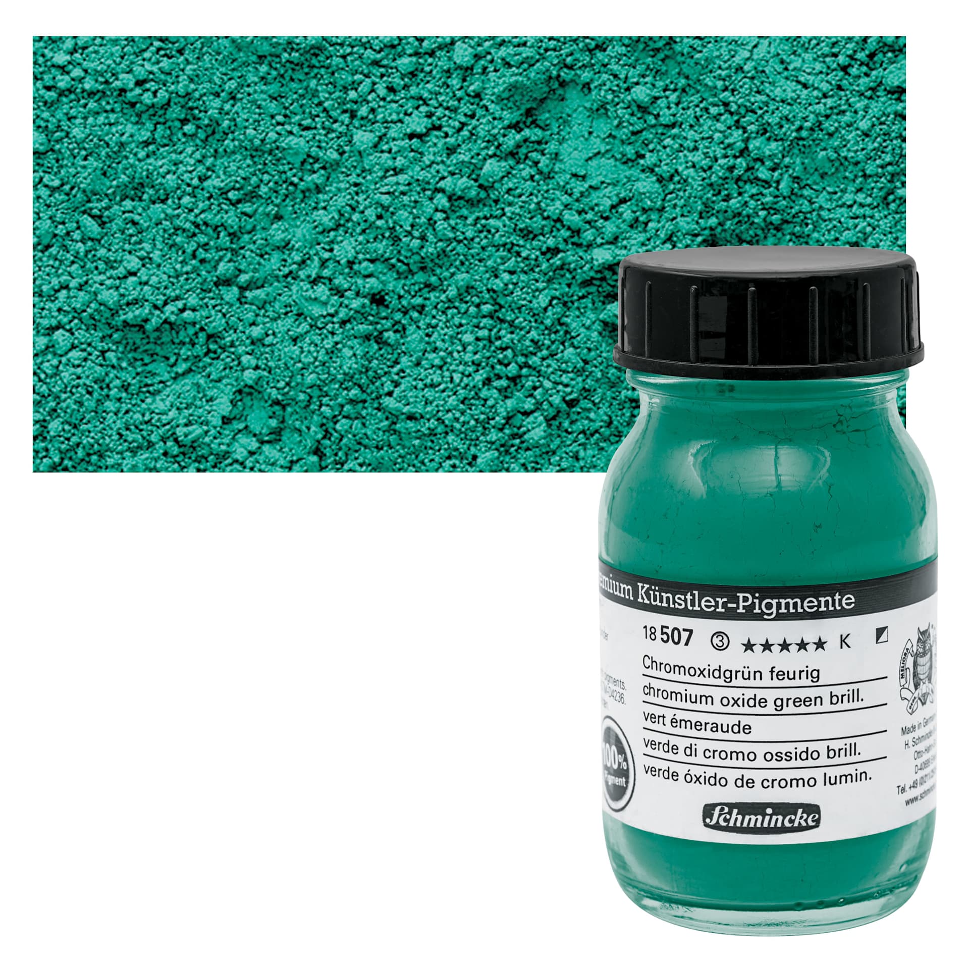 Schmincke Pigment - Chromium Oxide Green Brilliant, 100 ml Jar and swatch