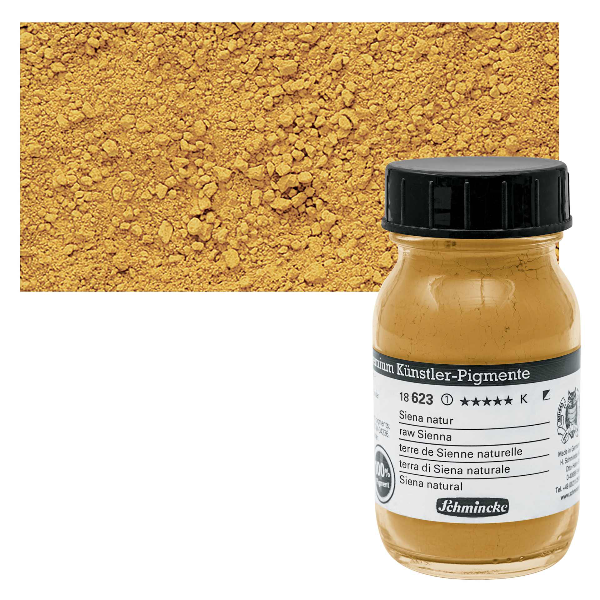 Schmincke Pigment - Raw Sienna, 100 ml Jar and swatch