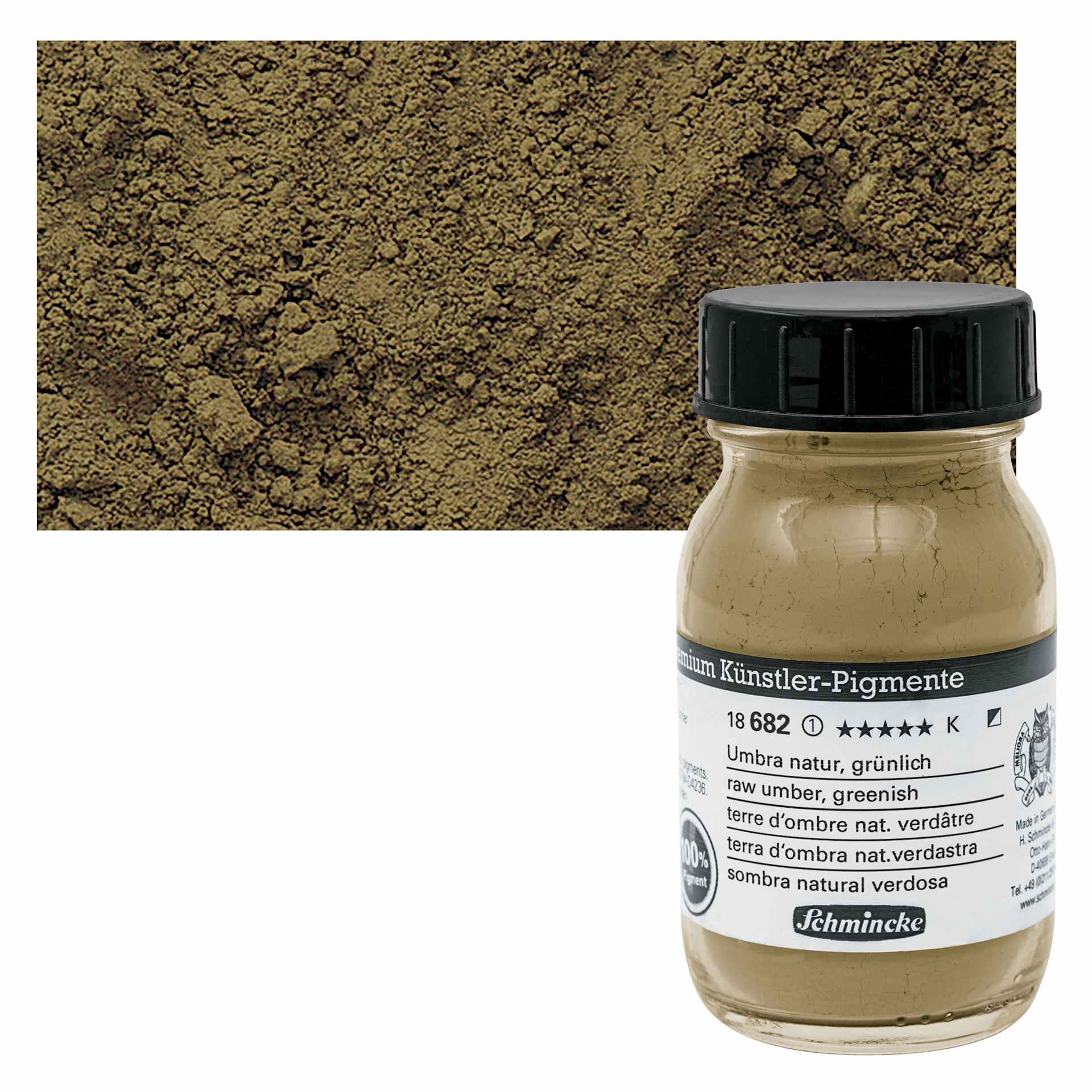Schmincke Pigment - Raw Umber Greenish, 100 ml Jar and swatch