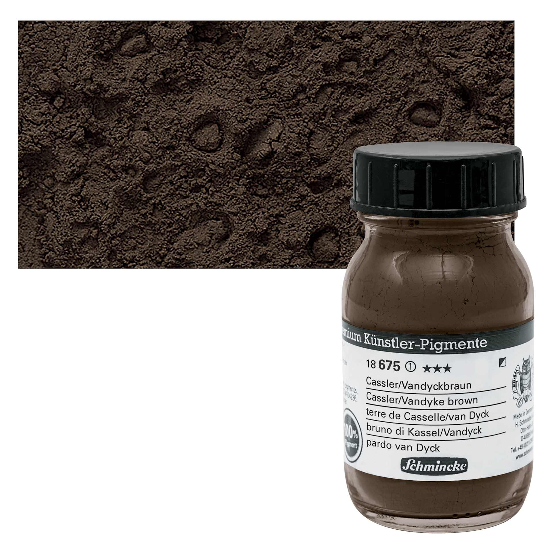 Schmincke Pigment - Vandyke Brown, 100 ml Jar and swatch
