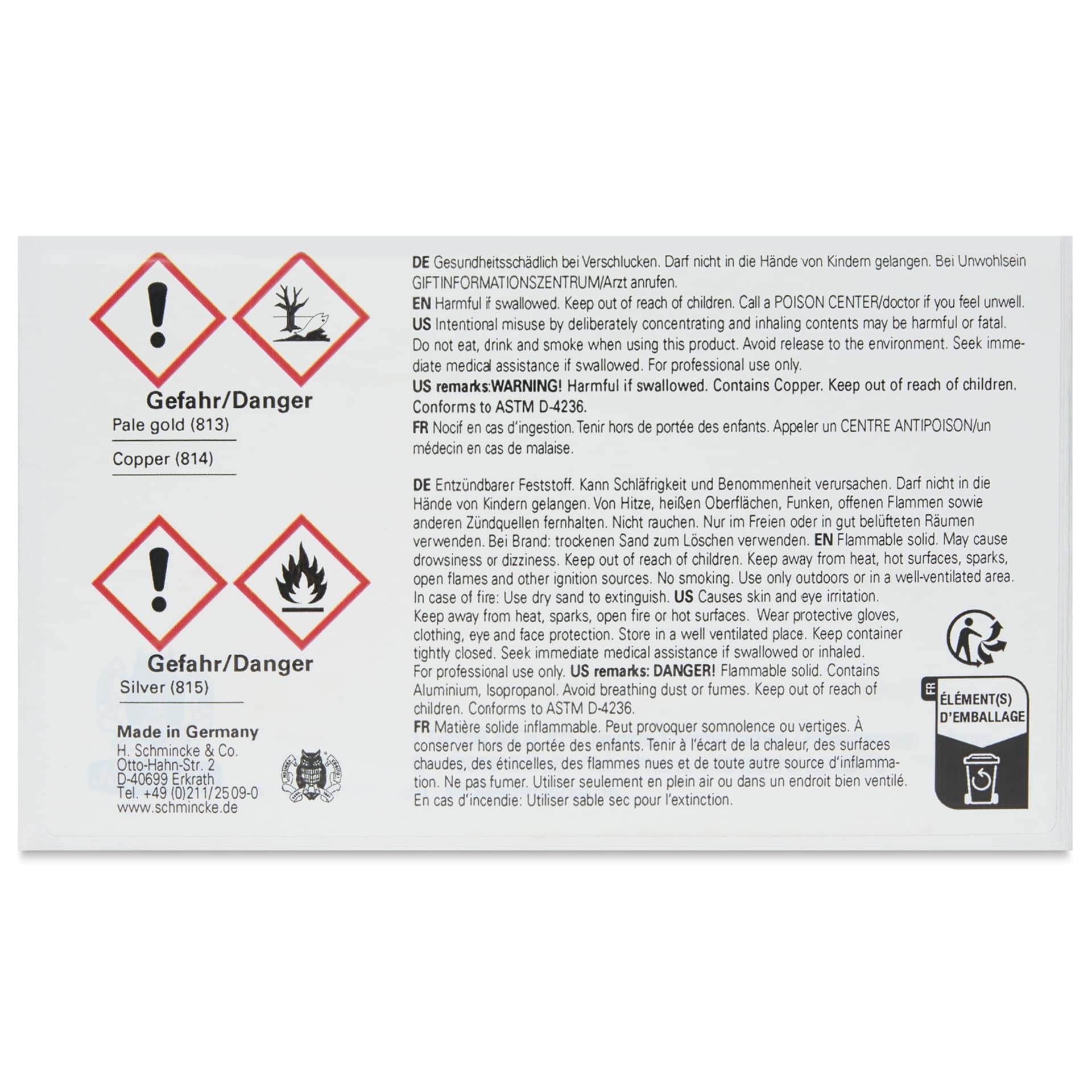 Schmincke Aqua Bronze Powders - Set of 3, 20 ml back of box
