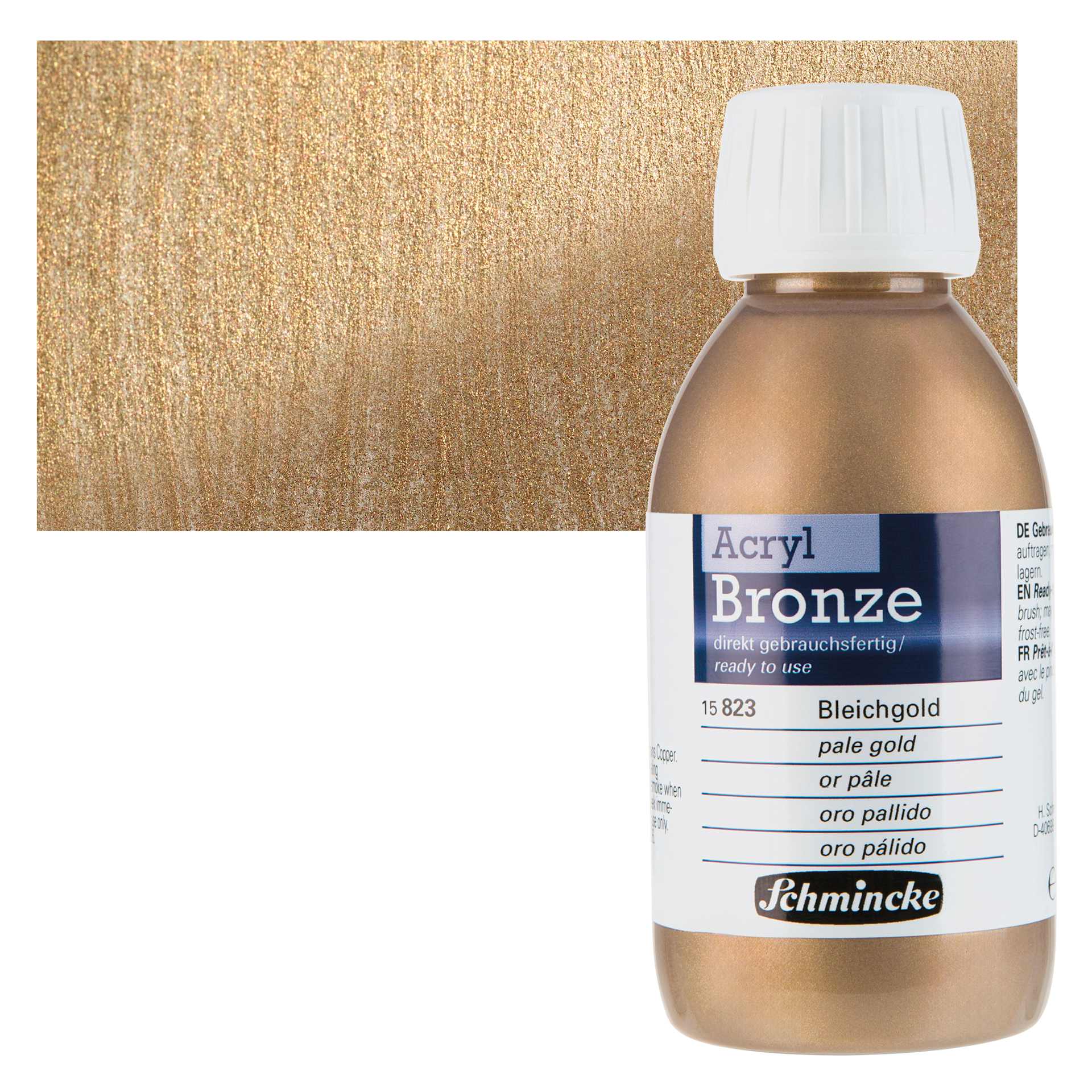 Schmincke Acrylic Bronze Paint - Pale Gold, 150 ml bottle and swatch