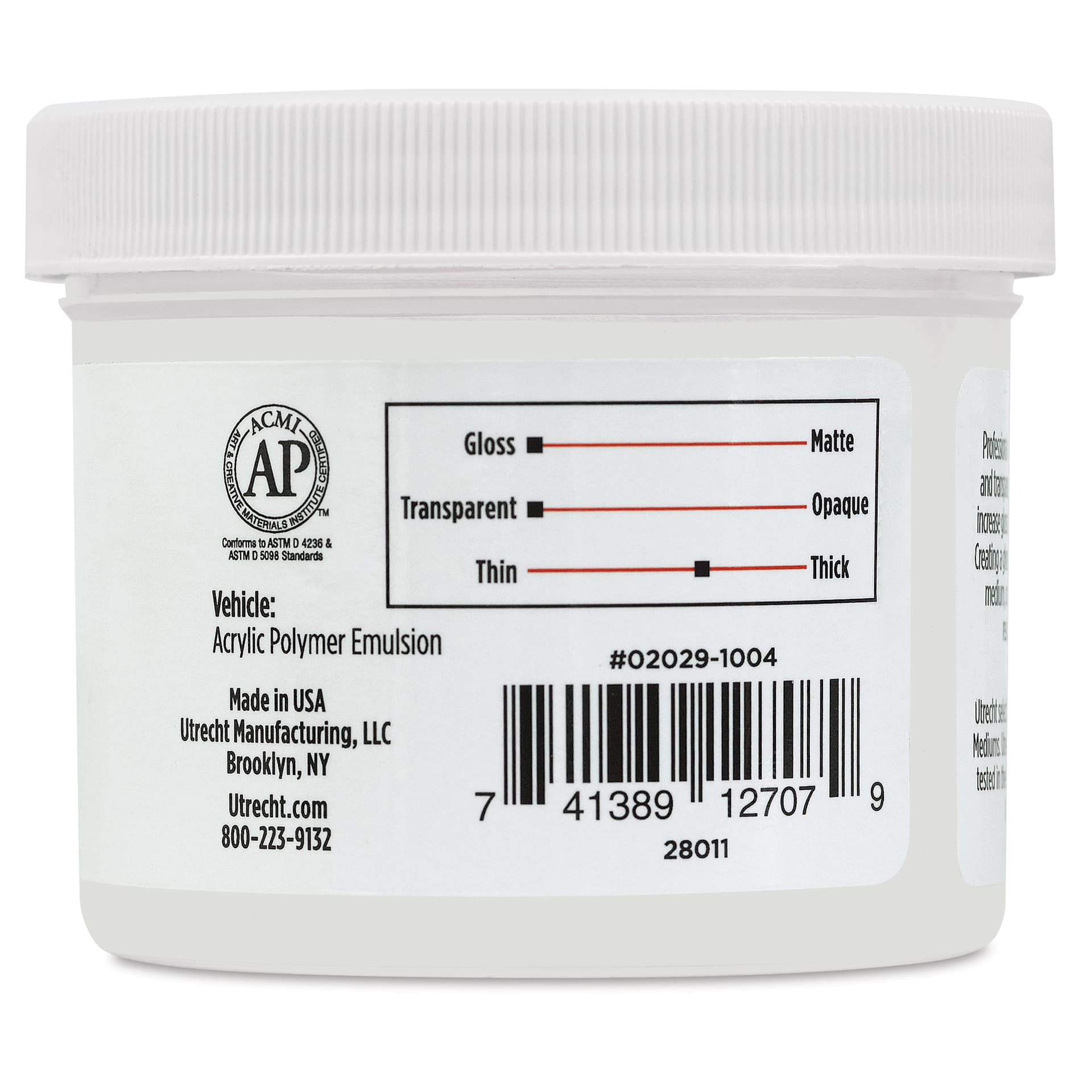 Utrecht Artists' Acrylic Gel Medium - Gloss Gel Medium, 4 oz jar side