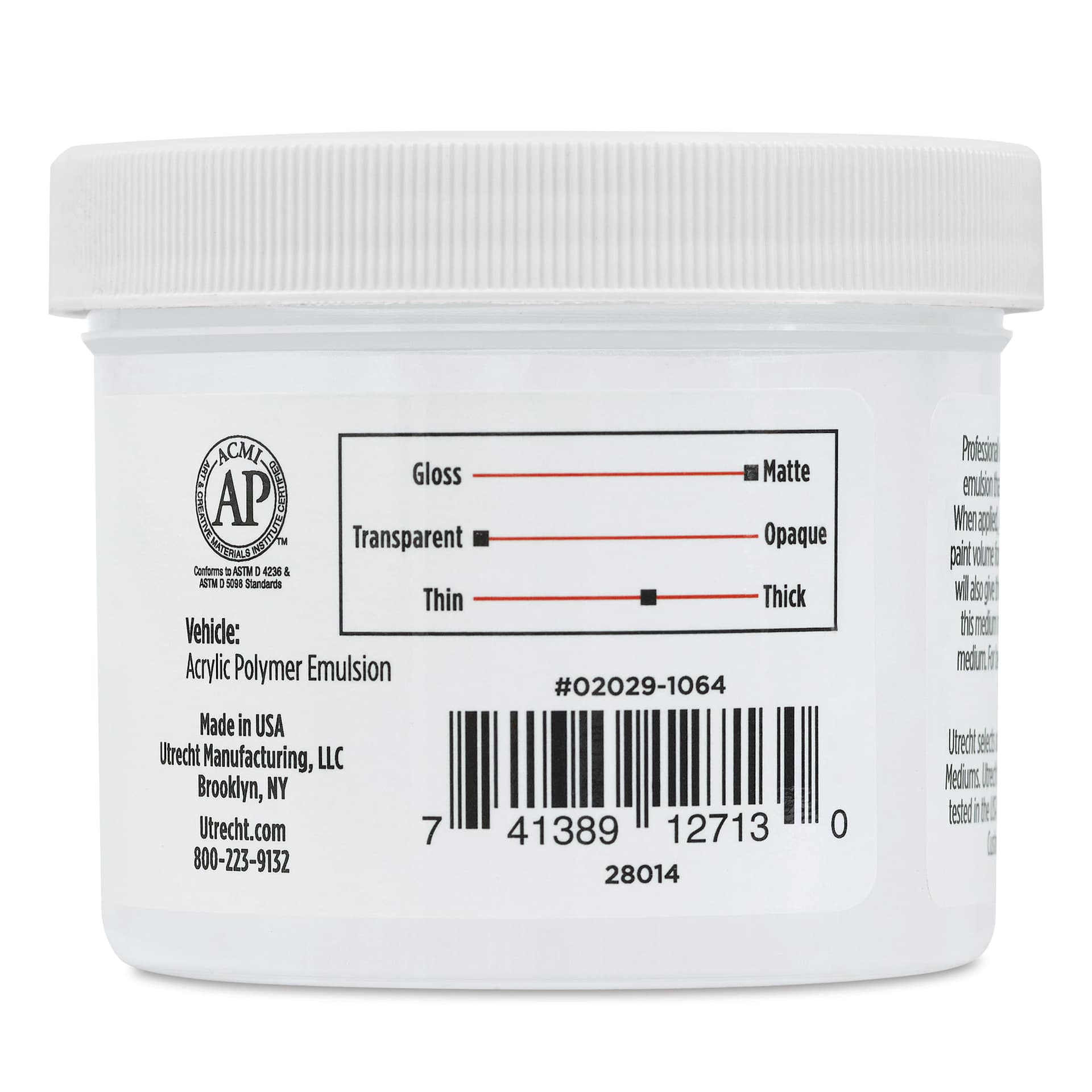 Utrecht Artists' Acrylic Gel Medium - Matte Gel Medium, 4 oz jar back