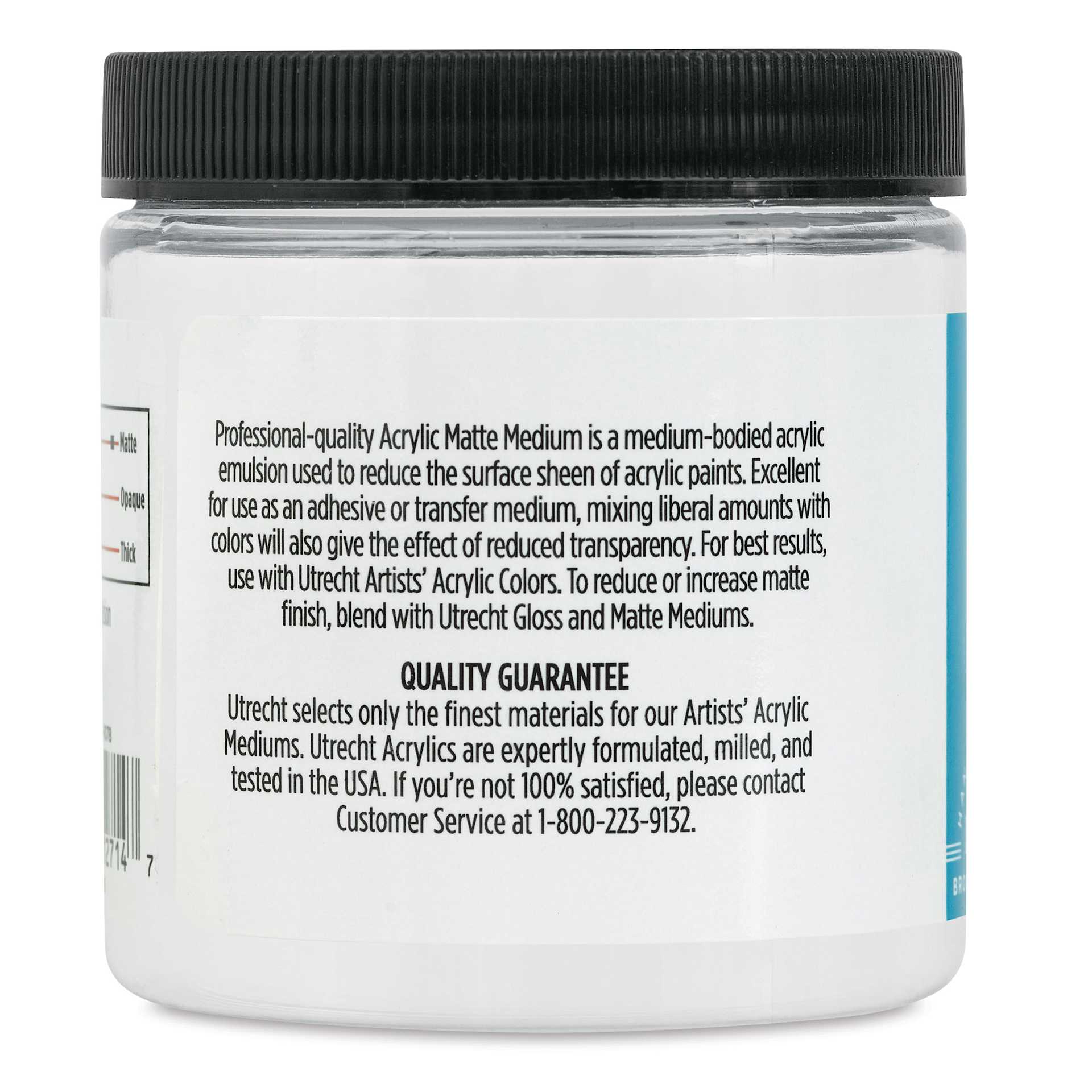 Utrecht Artists' Acrylic Fluid Medium - Matte Medium, 8 oz side of jar