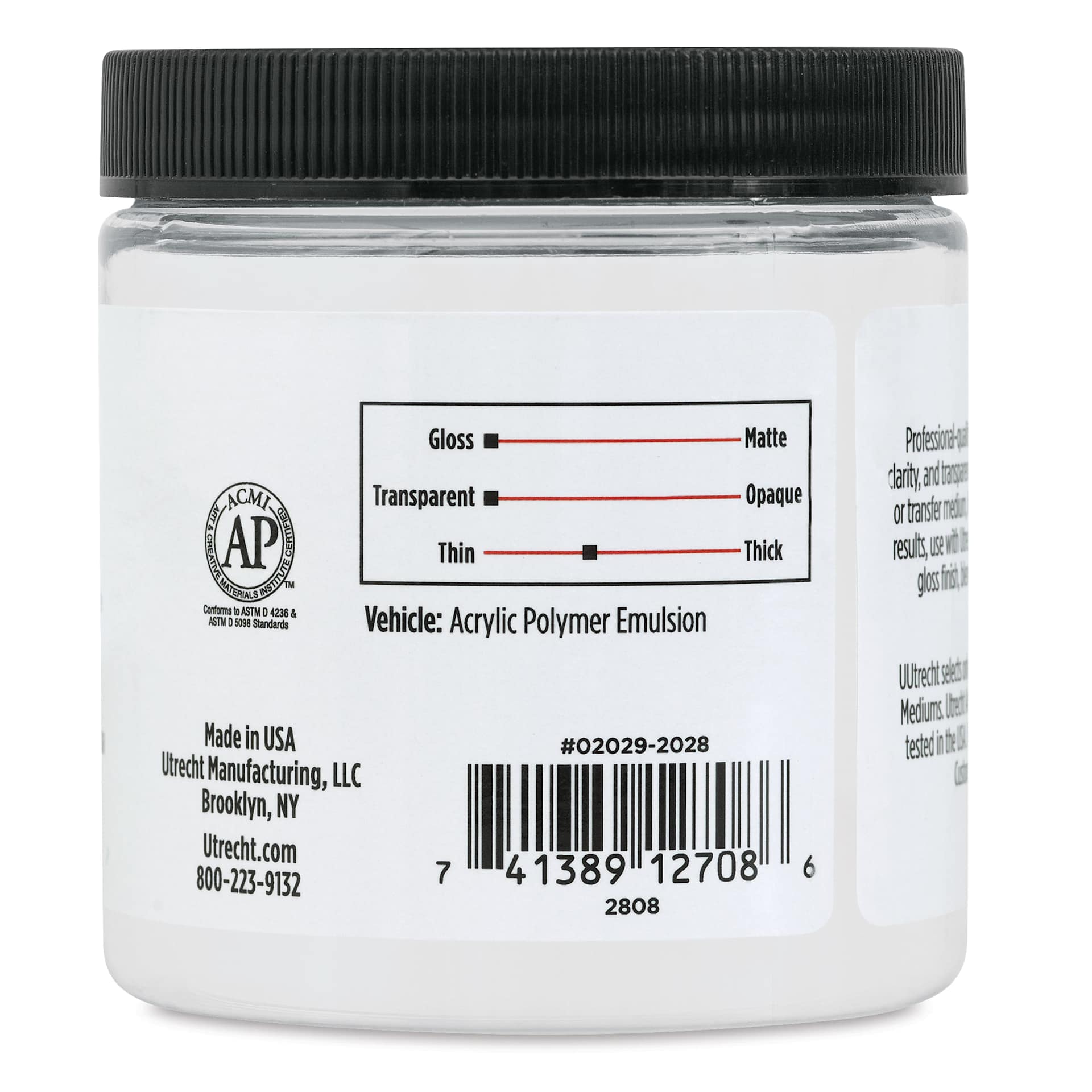Utrecht Artists' Acrylic Fluid Medium - Gloss Medium, 8 oz back of jar