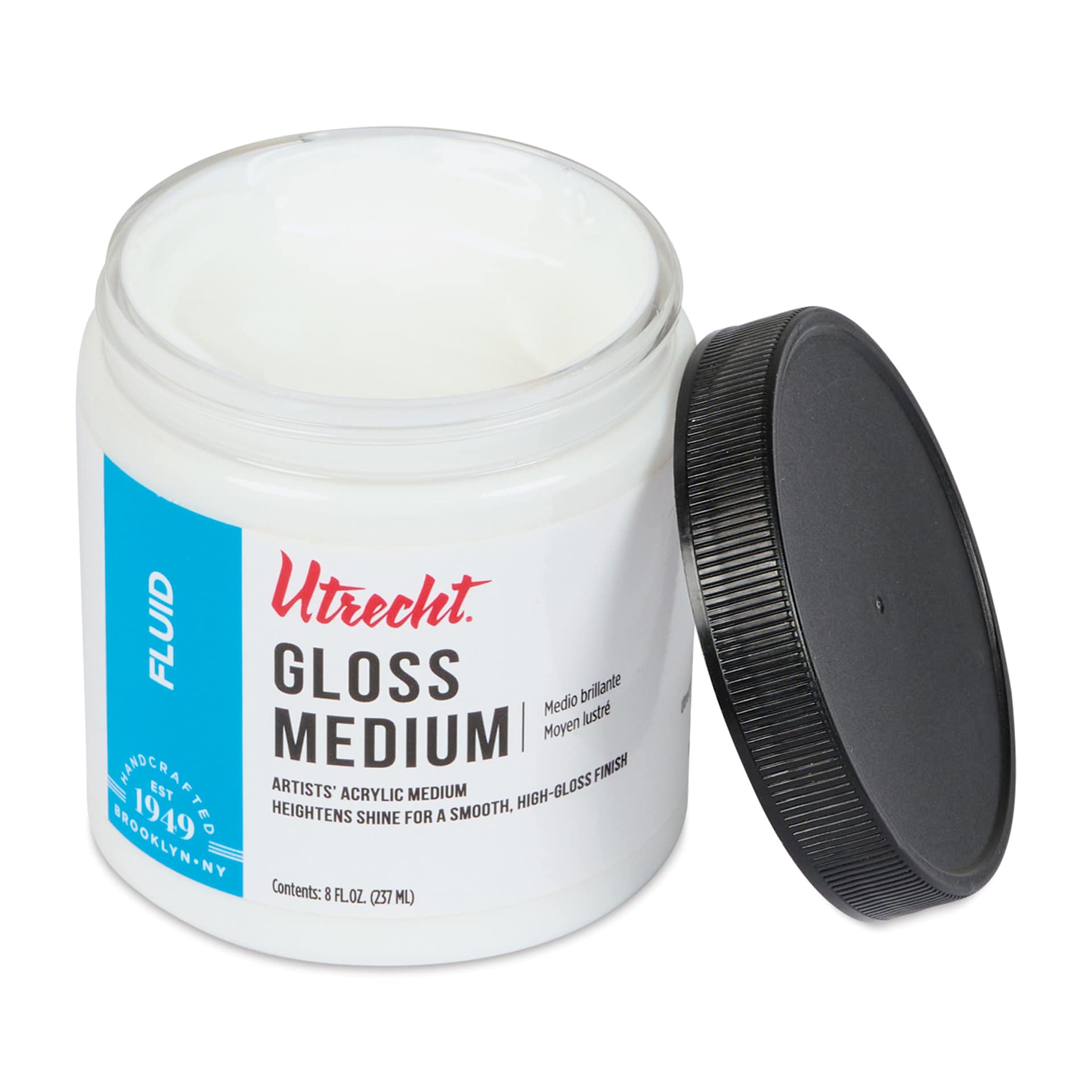 Utrecht Artists' Acrylic Fluid Medium - Gloss Medium, 8 oz with lid removed