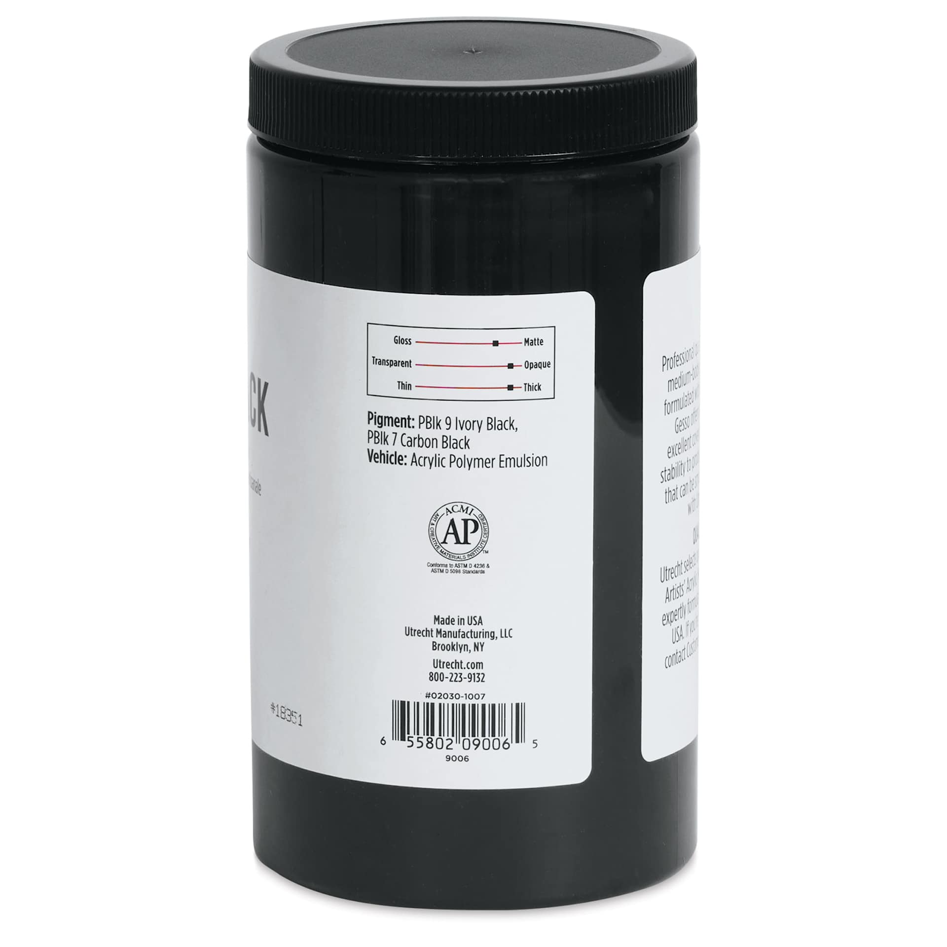 Utrecht Artists Acrylic Gesso - Black, 32 oz right side