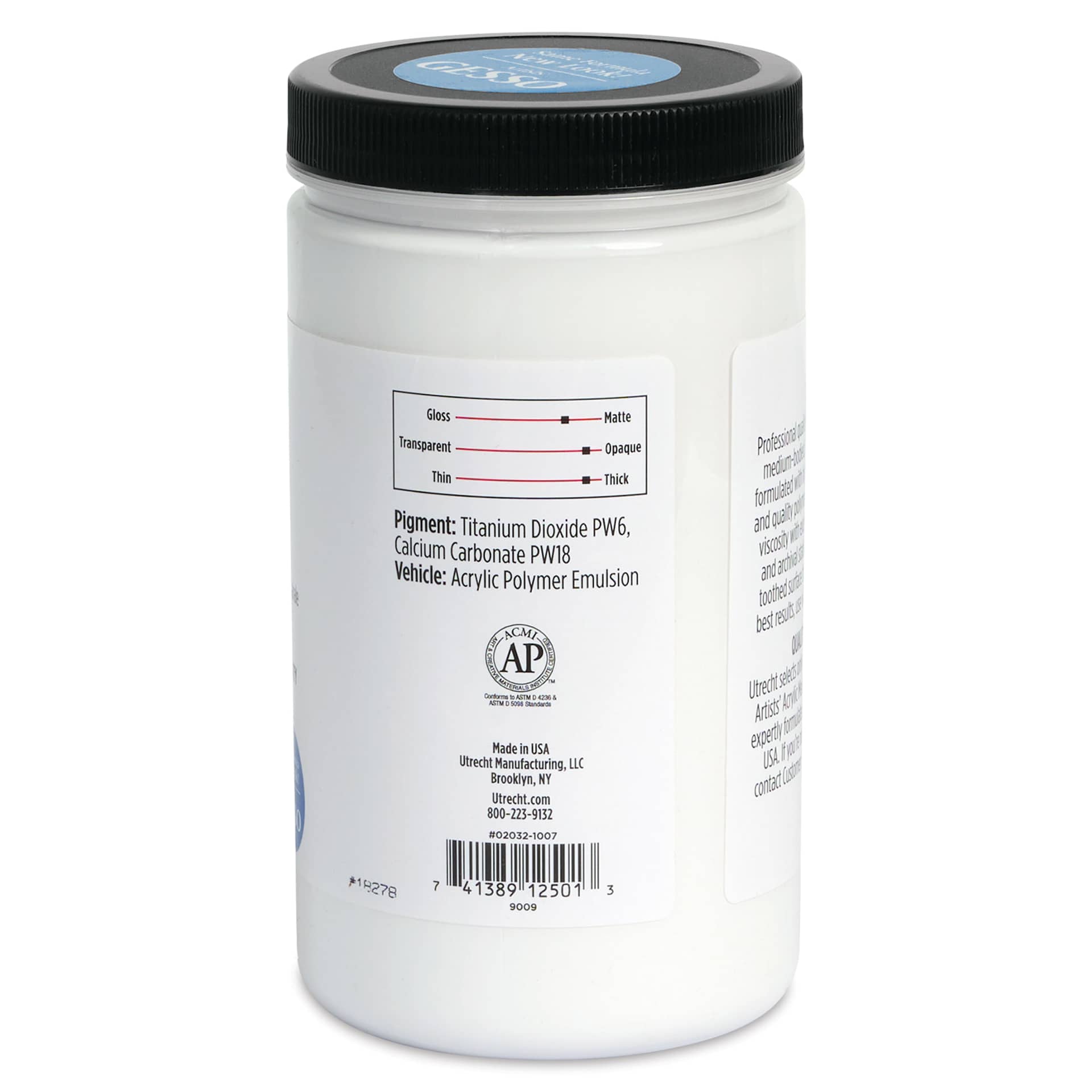 Utrecht Artists Acrylic Gesso - White, 32 oz right side