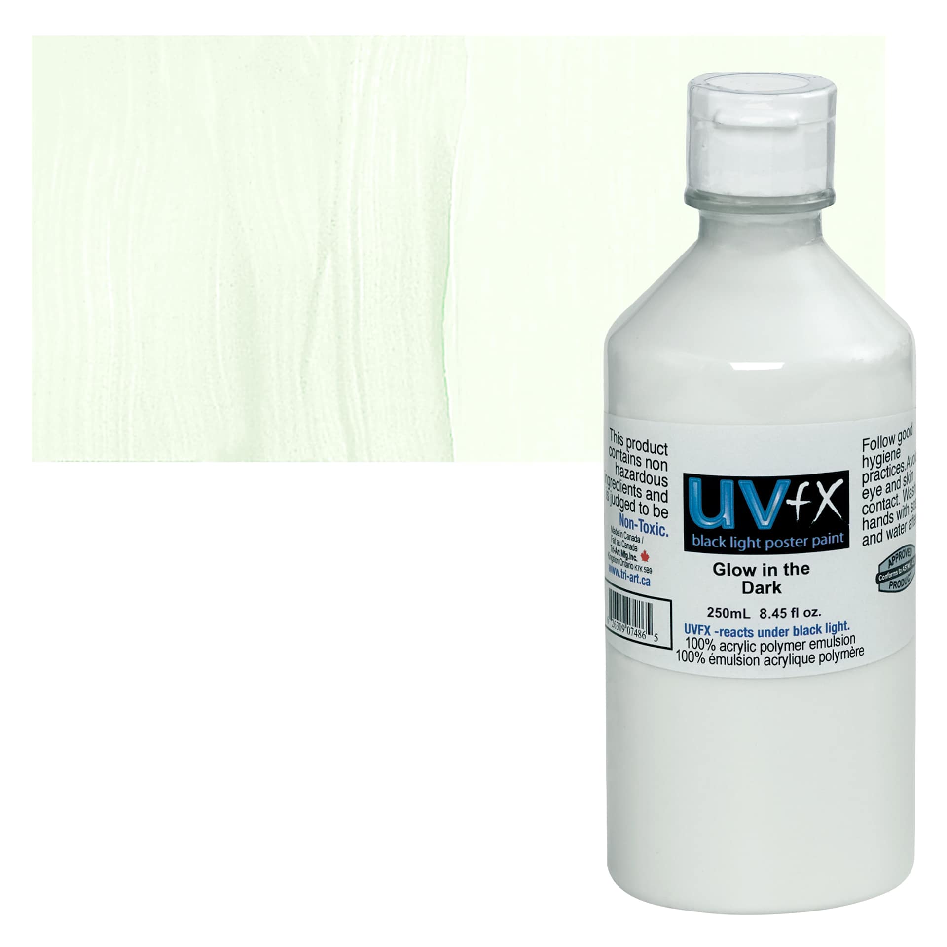 Tri-Art UVFX Black Light Poster Paint - Glow in the Dark, 250 ml bottle and swatch