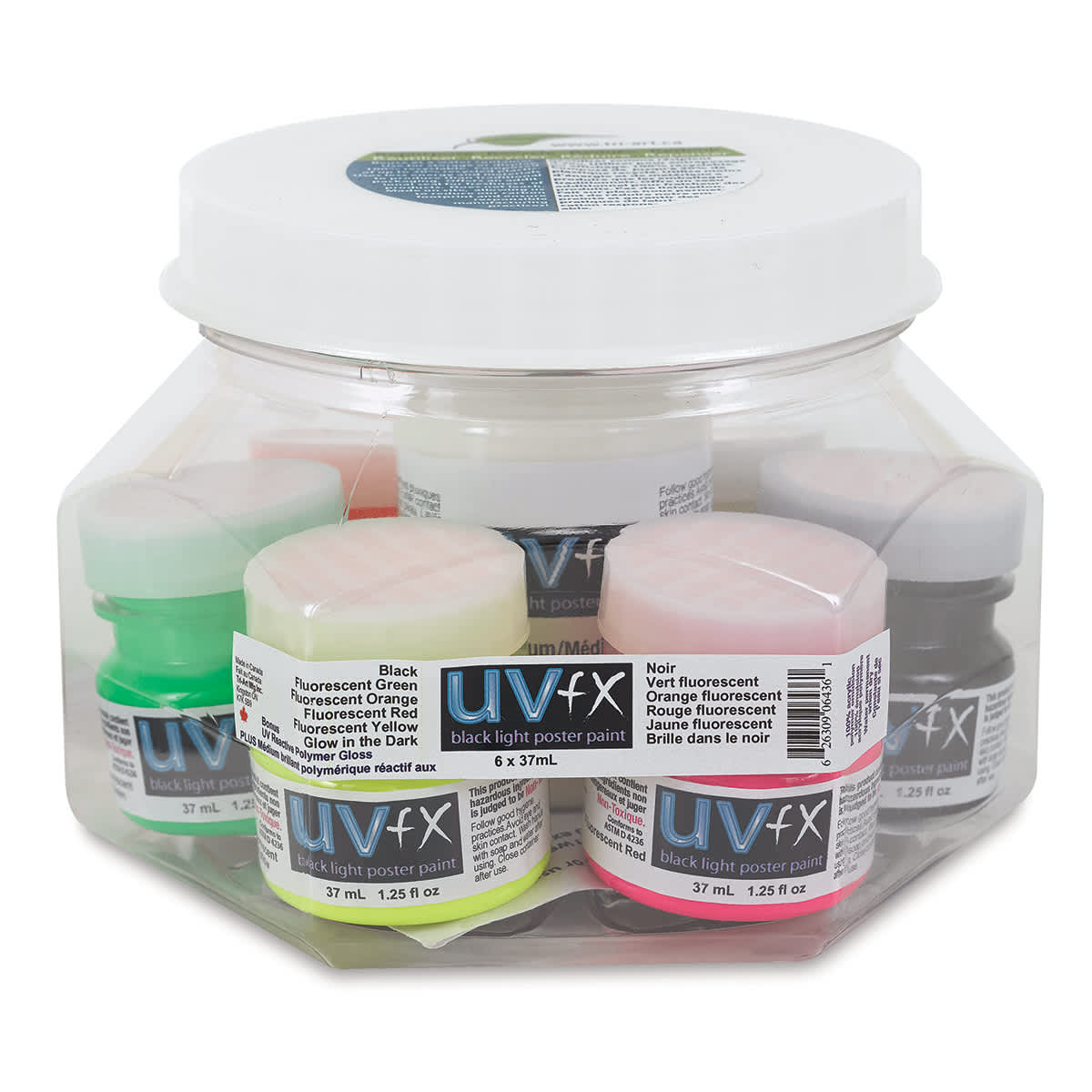 Tri-Art UVFX Black Light Poster Paint - Sampler Set shown in reusable package container