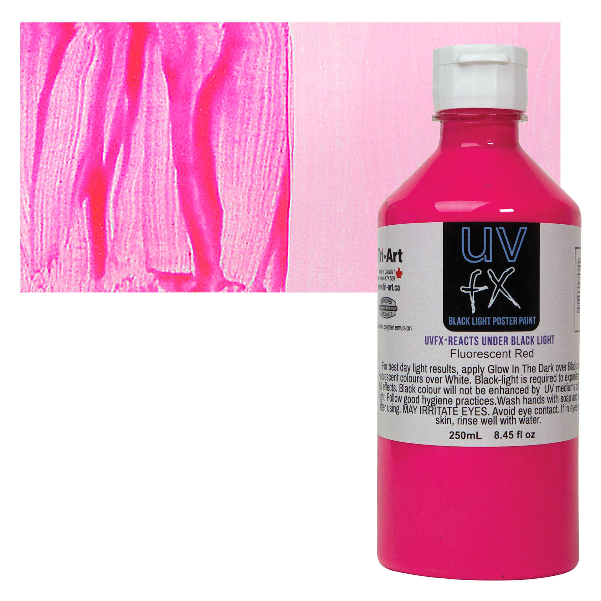 Tri-Art UVFX Black Light Poster Paint - Fluorescent Red, 250 ml bottle and swatch