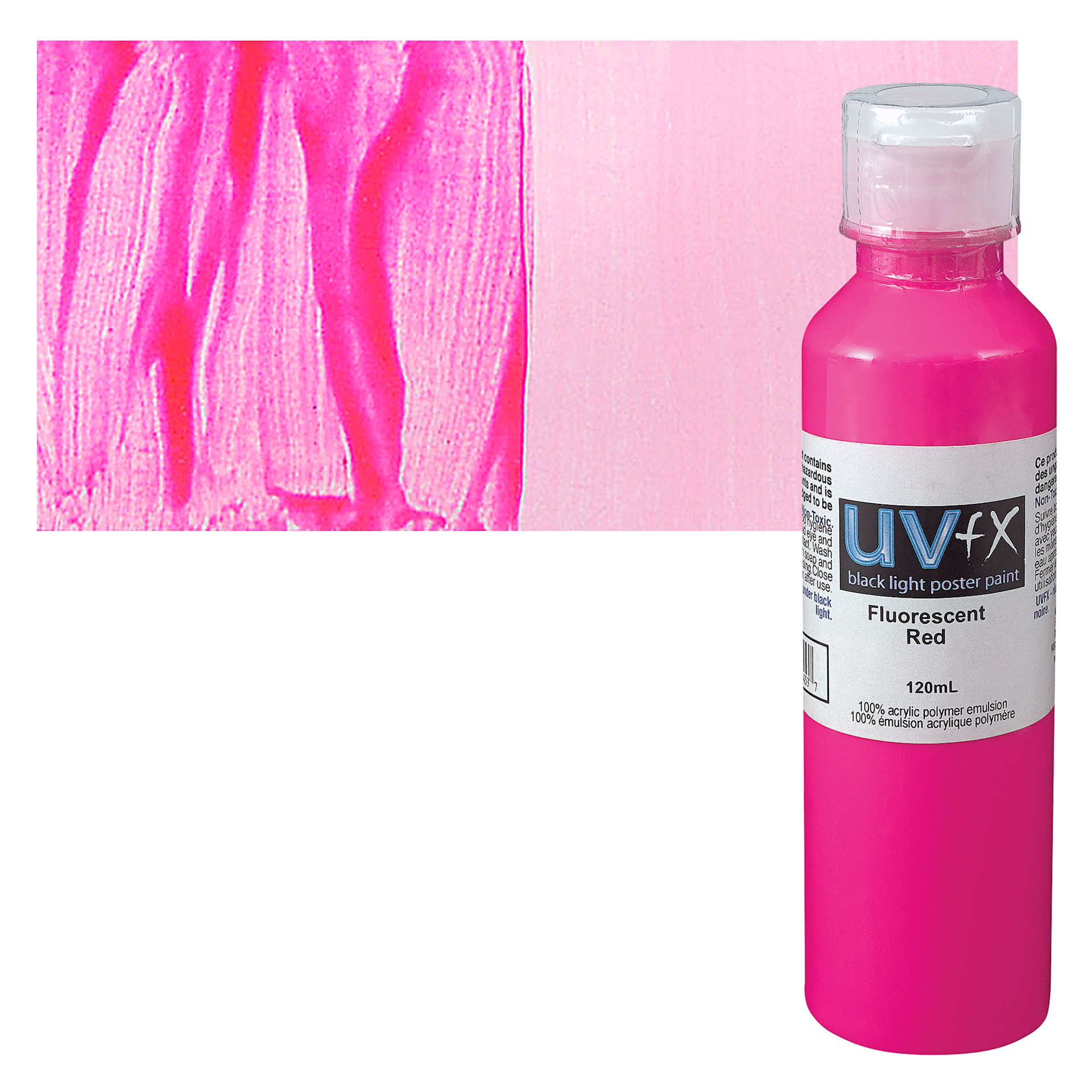 Tri-Art UVFX Black Light Poster Paint - Fluorescent Red, 120 ml bottle and swatch