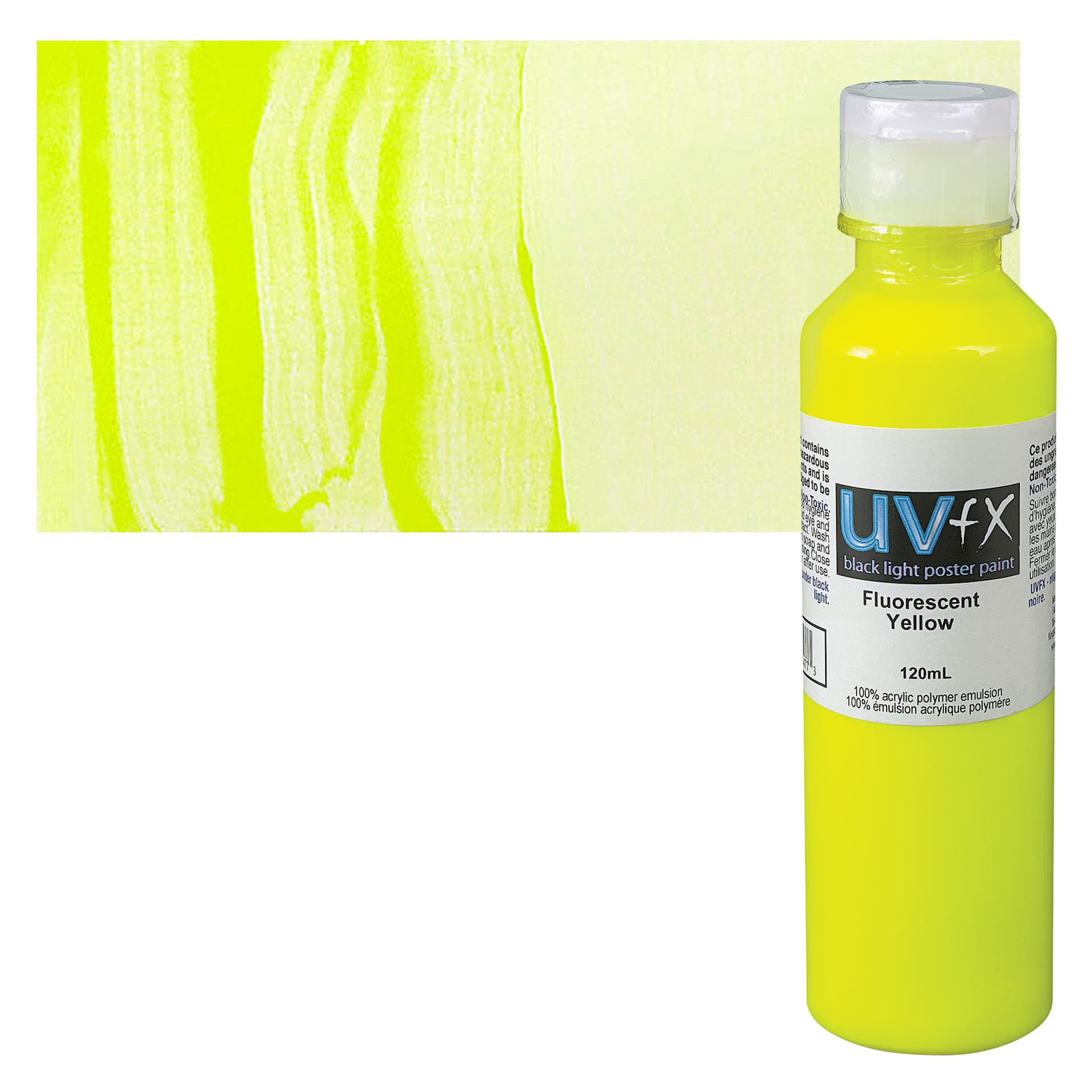 Tri-Art UVFX Black Light Poster Paint - Fluorescent Yellow, 120 ml bottle and swatch
