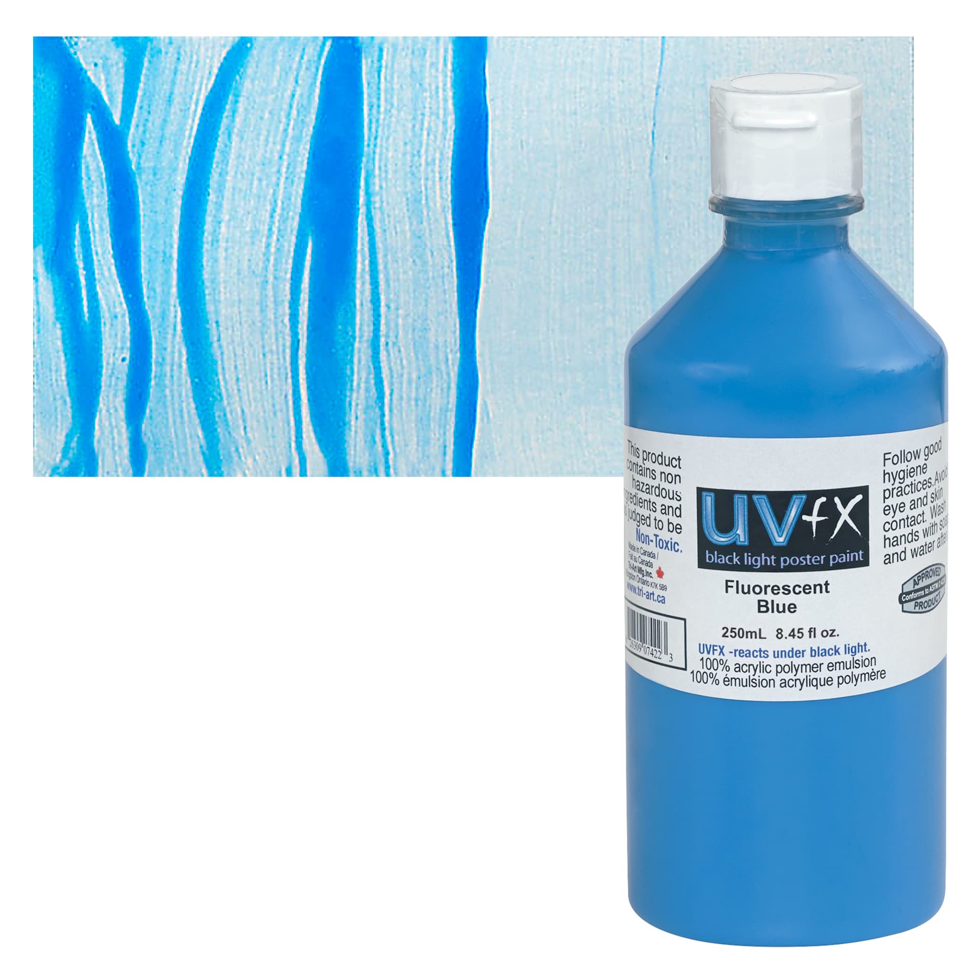 Tri-Art UVFX Black Light Poster Paint - Fluorescent Blue, 250 ml bottle and swatch