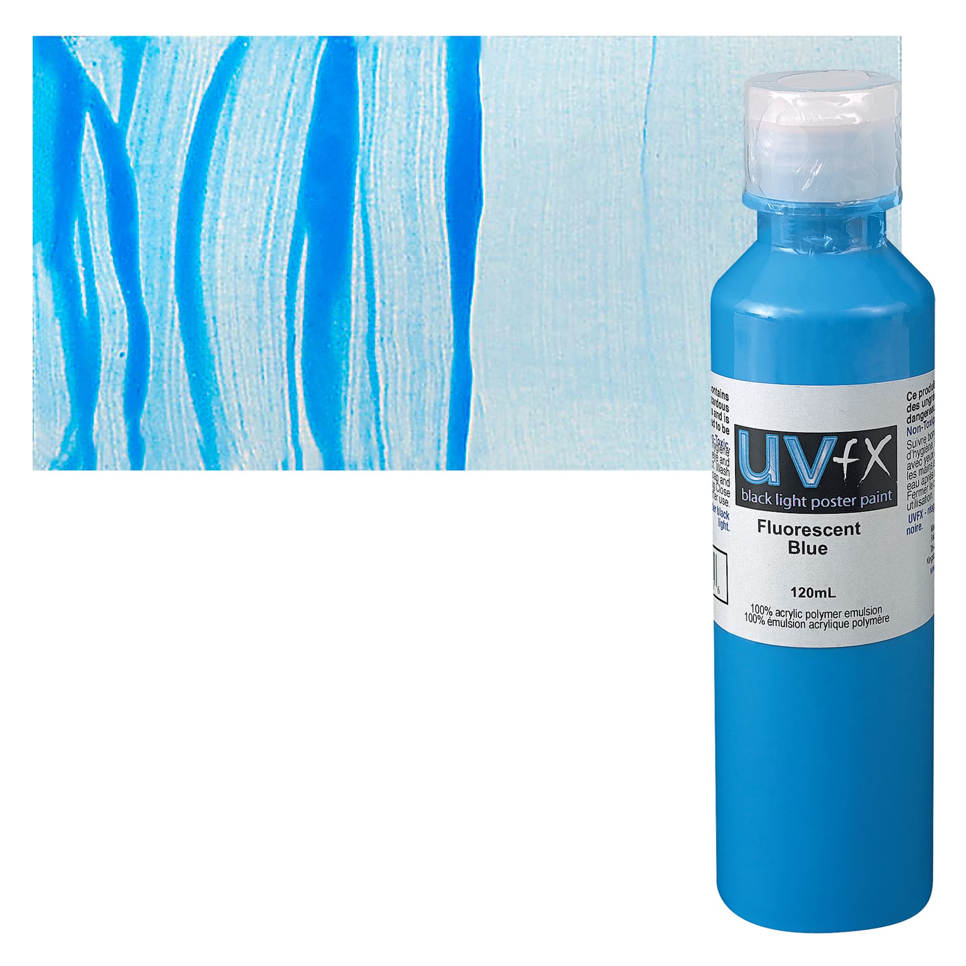 Tri-Art UVFX Black Light Poster Paint - Fluorescent Blue, 120 ml bottle and swatch