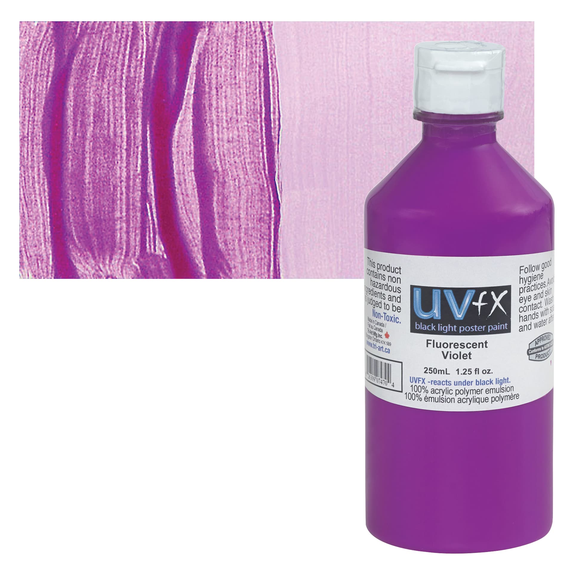 Tri-Art UVFX Black Light Poster Paint - Fluorescent Violet, 250 ml bottle and swatch