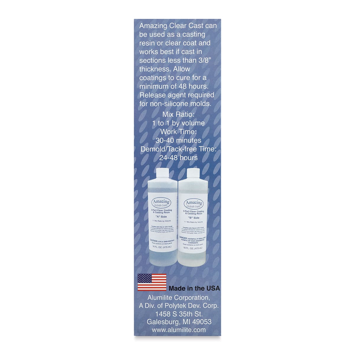 Alumilite Amazing Clear Cast Epoxy Casting Resin - 32 oz, Bottle (Side view of packaging, Mixing ratio shown)