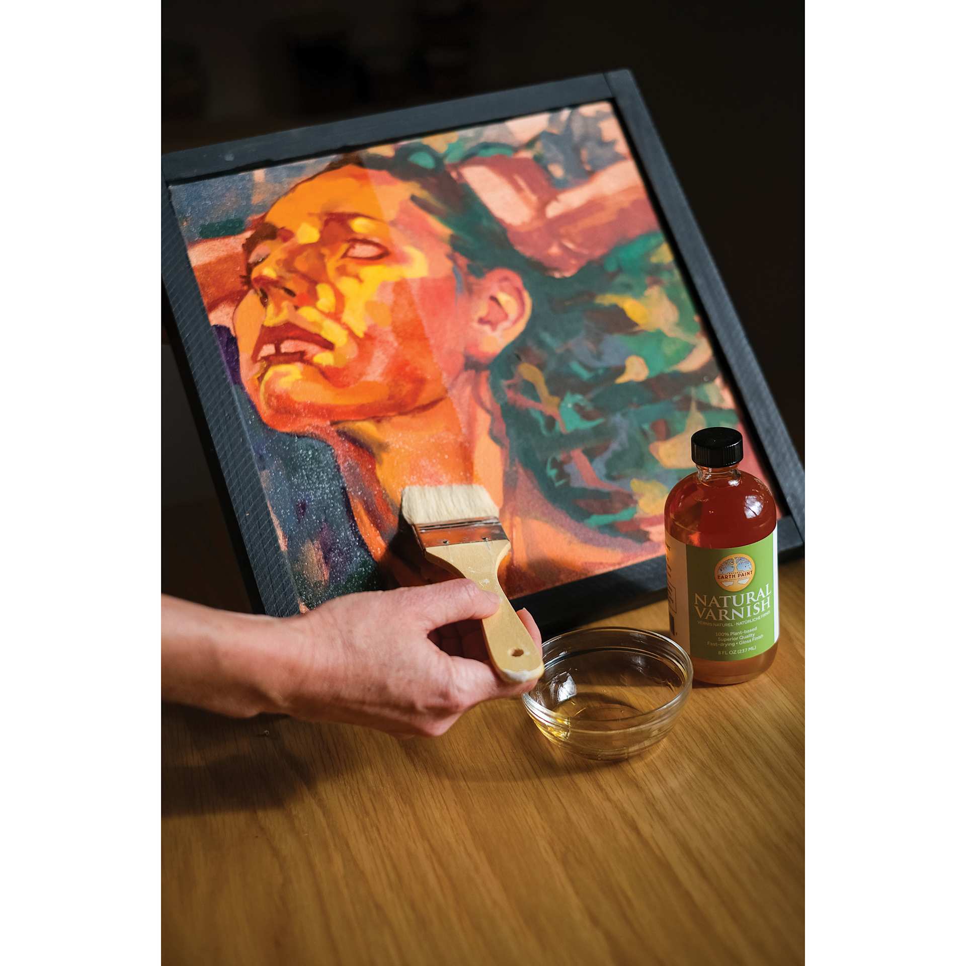 Natural Earth Paint Natural Varnish - brush-on application to finished portrait