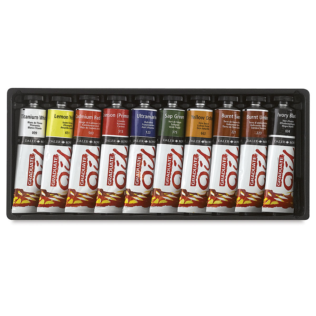 Daler-Rowney Graduate Oil Paint Set - 10 colors shown in storage tray
