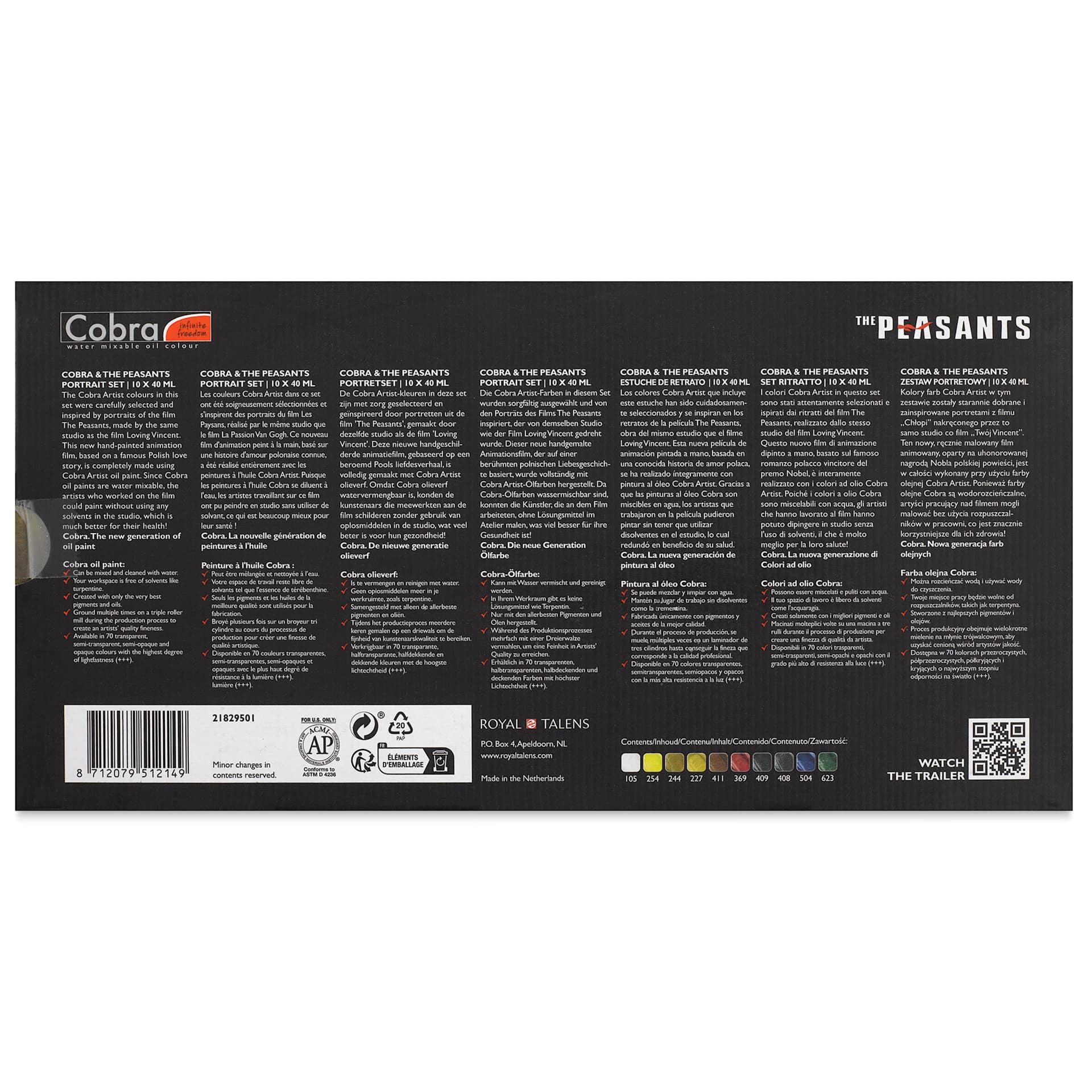Cobra Artist Water Mixable Oil Paint - Peasants Portrait, Set of 10, 40 ml tube back of package