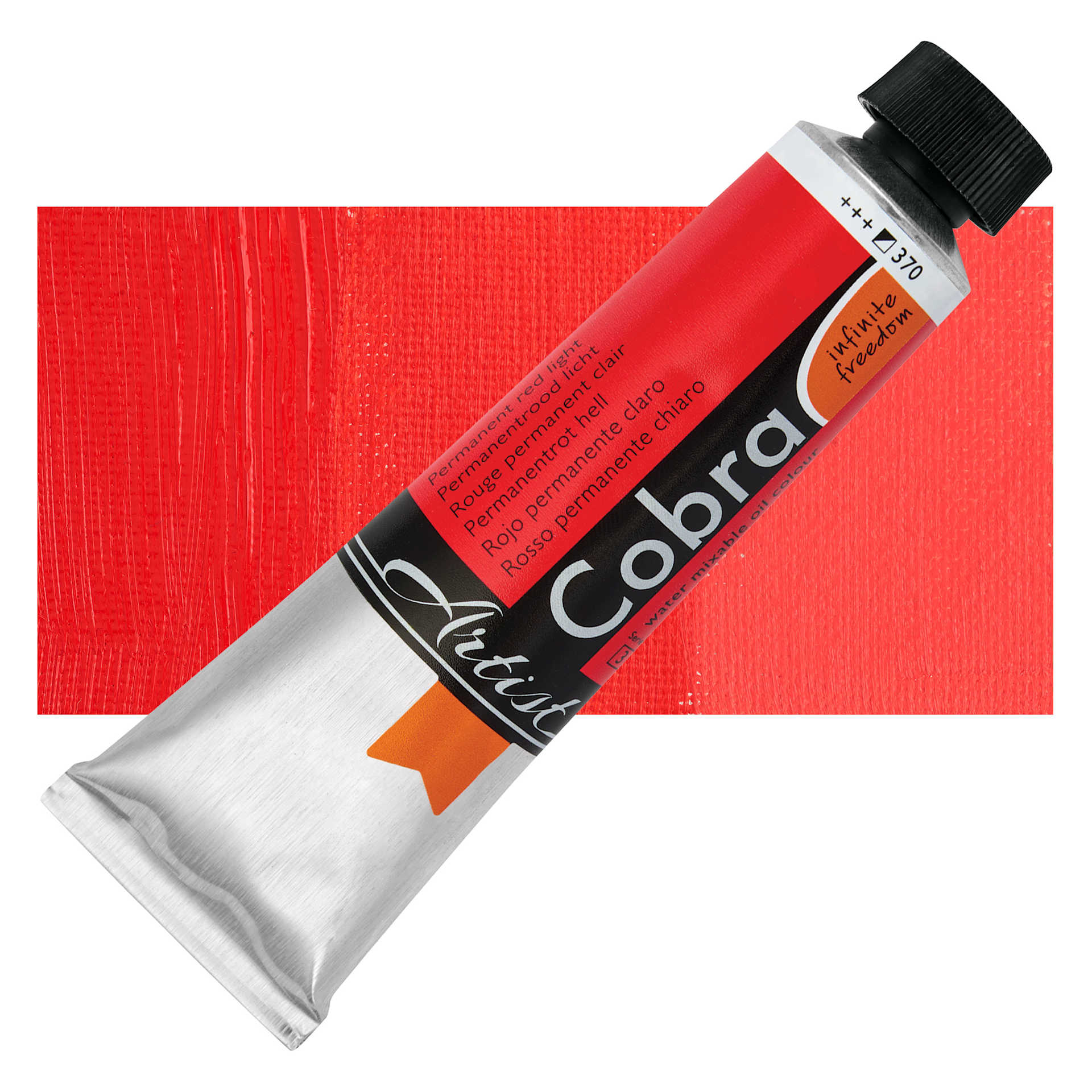 Cobra Artist Water Mixable Oil Paint - Permanent Red Light, 40 ml tube and swatch