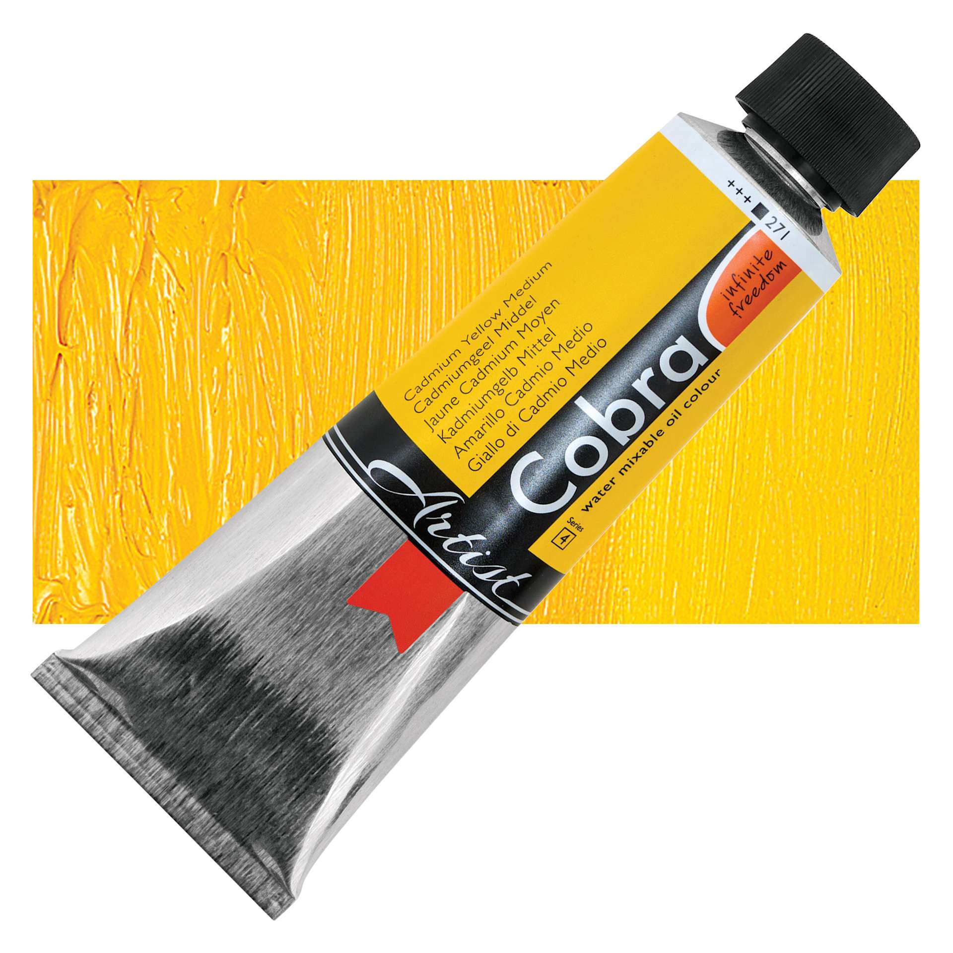 Cobra Artist Water Mixable Oil Paint - Cadmium Yellow Medium, 150 ml tube and swatch