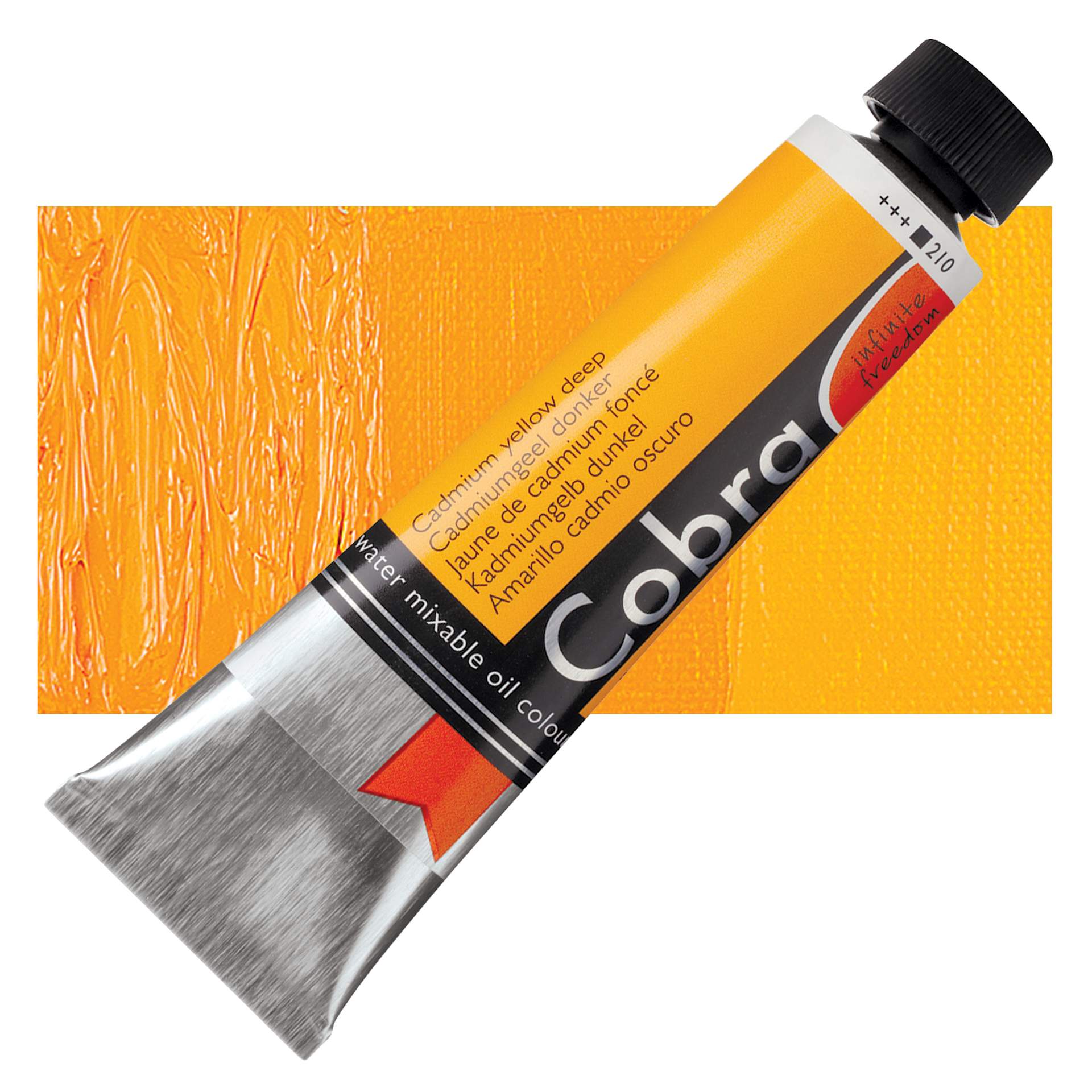 Royal Talens Cobra Water Mixable Oil Paint - Cadmium Yellow Deep, 40 ml tube and swatch