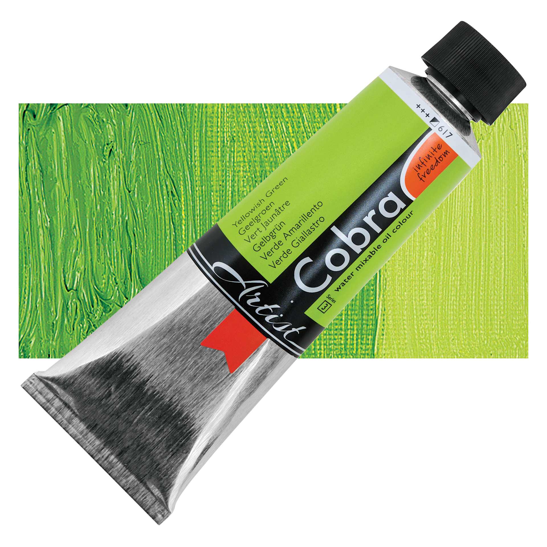 Cobra Artist Water Mixable Oil Paint - Yellowish Green, 150 ml tube and swatch