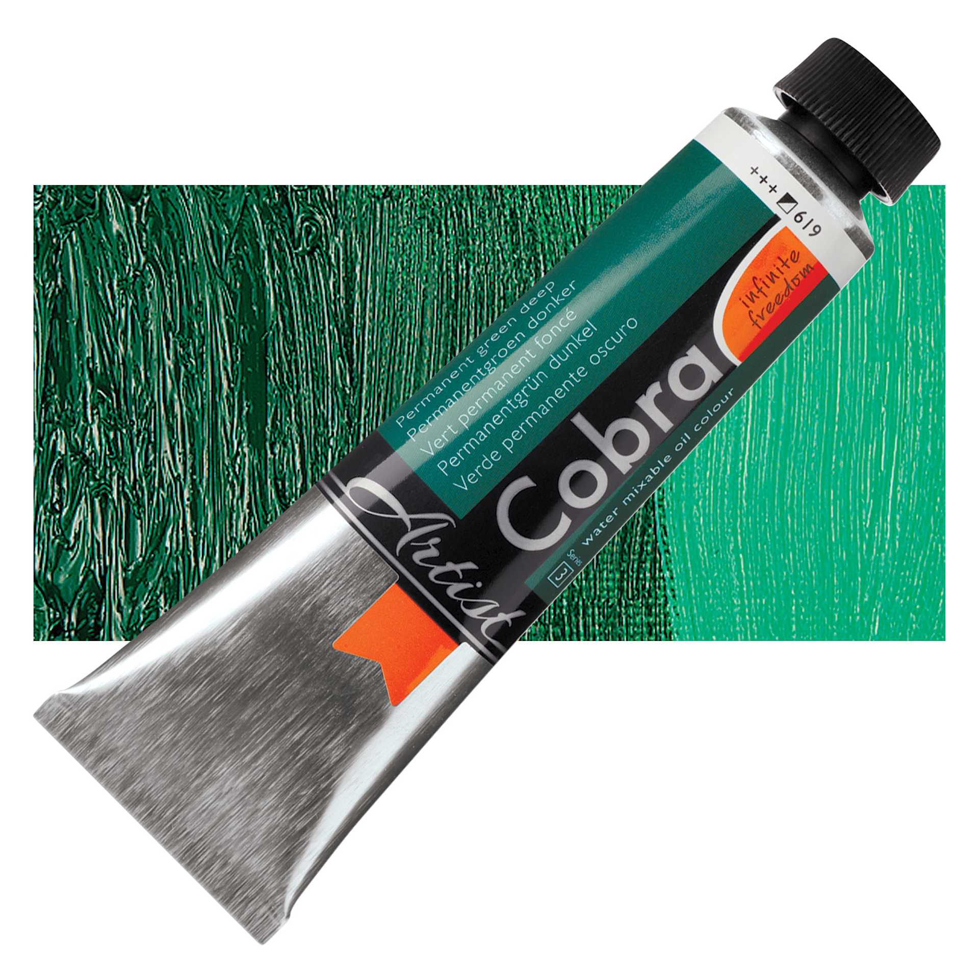 Royal Talens Cobra Water Mixable Oil Paint - Permanent Green Deep, 40 ml tube and swatch