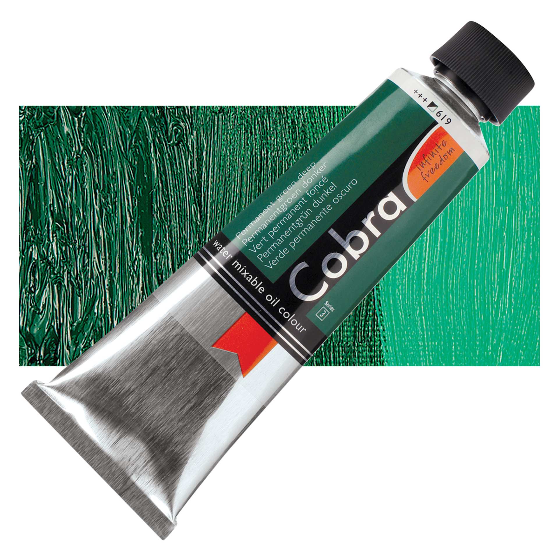 Royal Talens Cobra Water Mixable Oil Paint - Permanent Green Deep, 150 ml tube and swatch