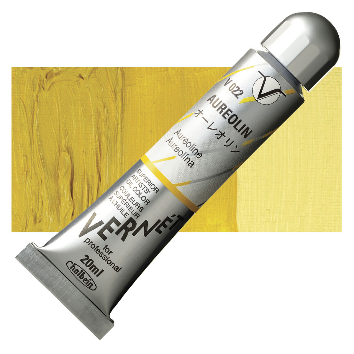 Holbein Vernét Superior Artists' Oil Paint - Aureolin, 20 ml tube and swatch