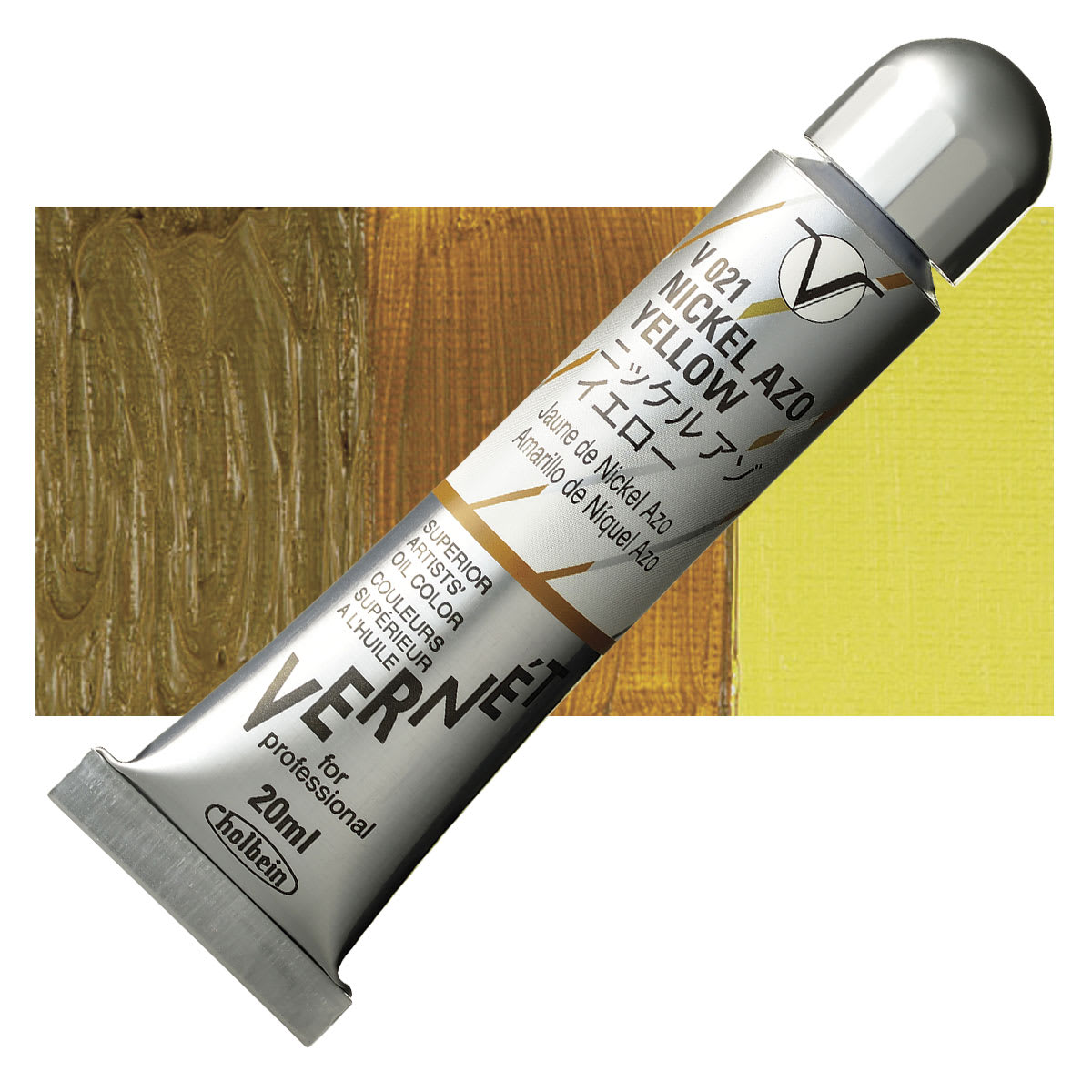 Holbein Vernét Superior Artists' Oil Paint - Nickel Yellow Azo, 20 ml tube and swatch