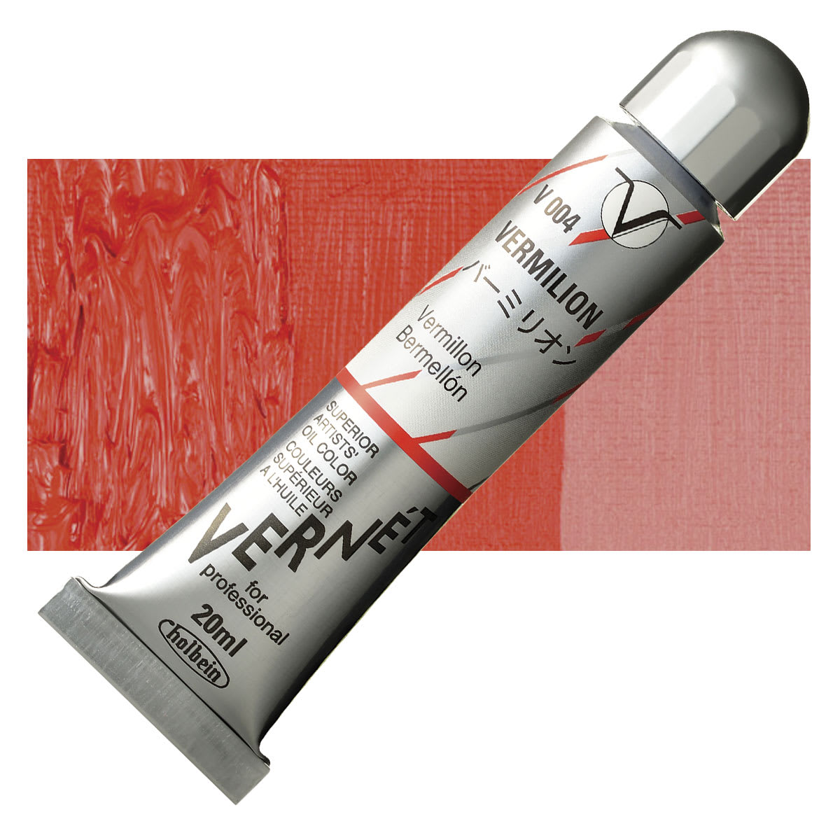 Holbein Vernét Superior Artists' Oil Paint - Vermilion, 20 ml tube and swatch