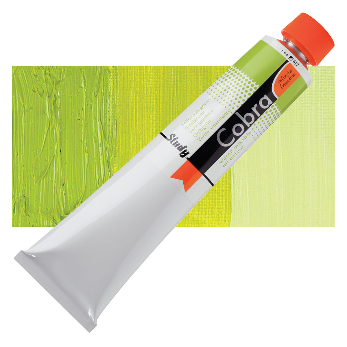 Royal Talens Cobra Study Water Mixable Oil Paint - Yellowish Green, 200 ml tube and swatch