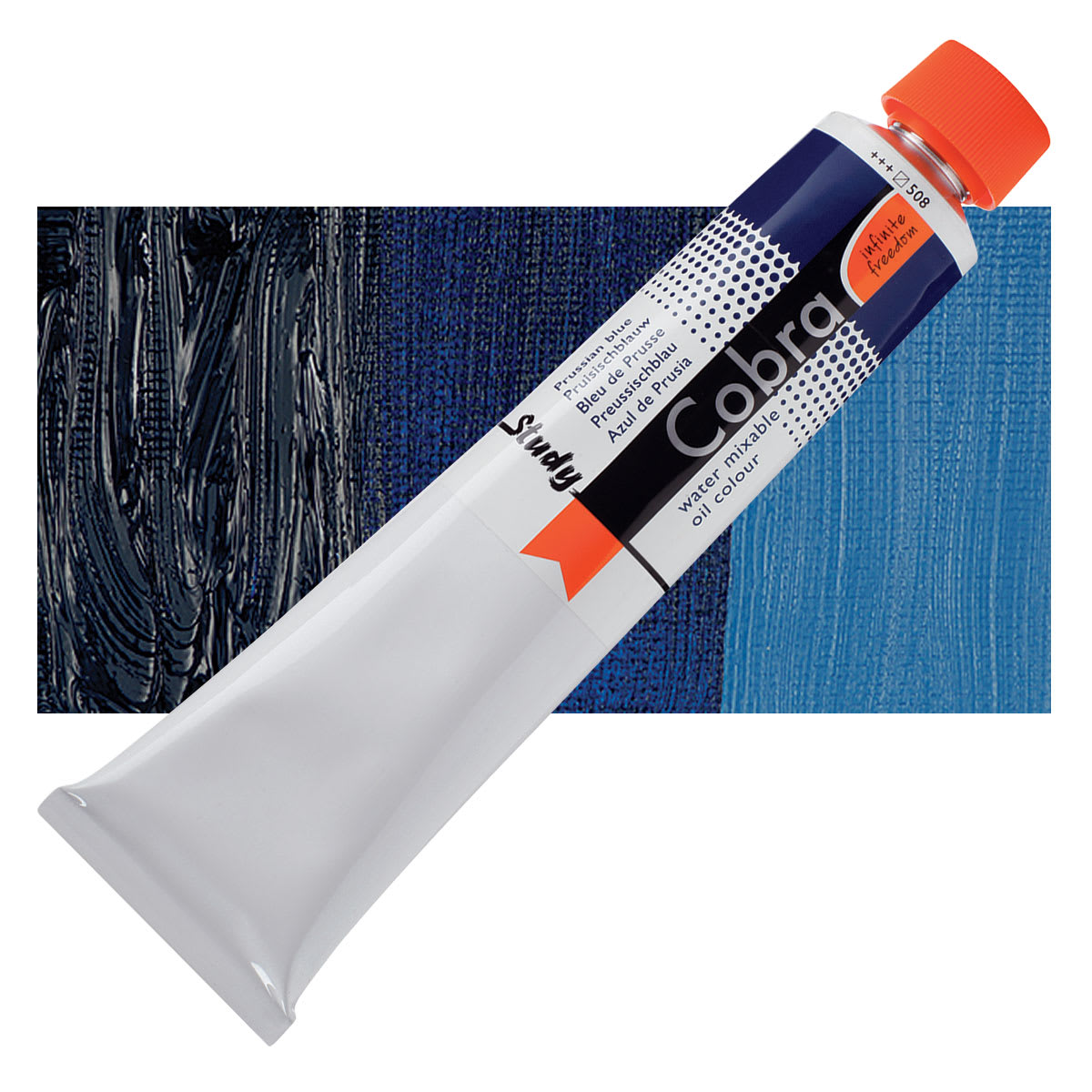Royal Talens Cobra Study Water Mixable Oil Paint - Prussian Blue, 200 ml tube and swatch