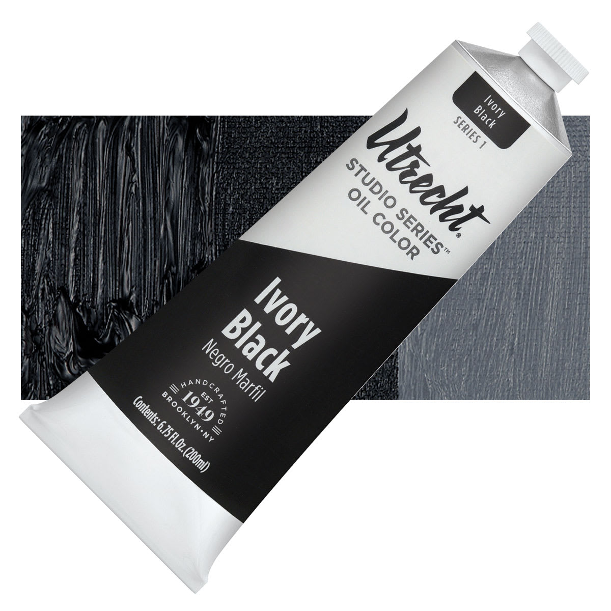 Utrecht Studio Series Oil Paint - Ivory Black, 200 ml tube and swatch